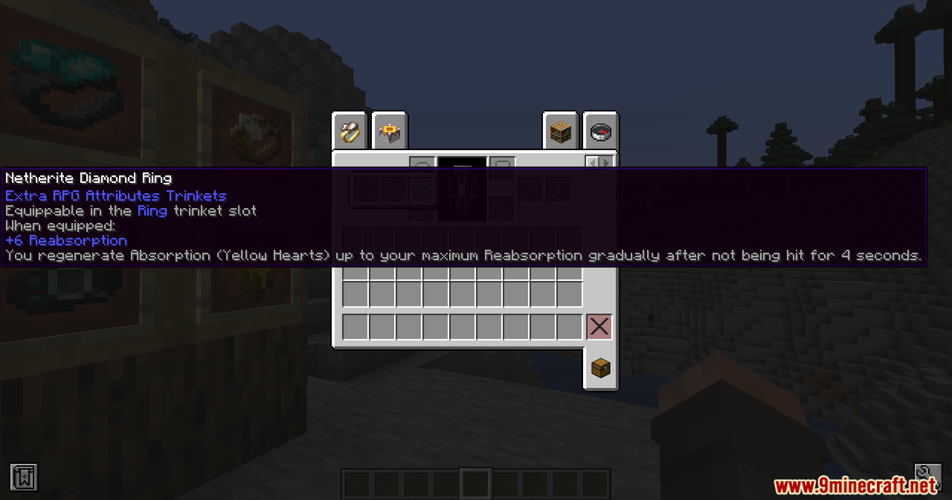 Extra Spell Attributes Mod Screenshot 10 Minecraft inventory screen showing the Netherite Diamond Ring and its reabsorption stats