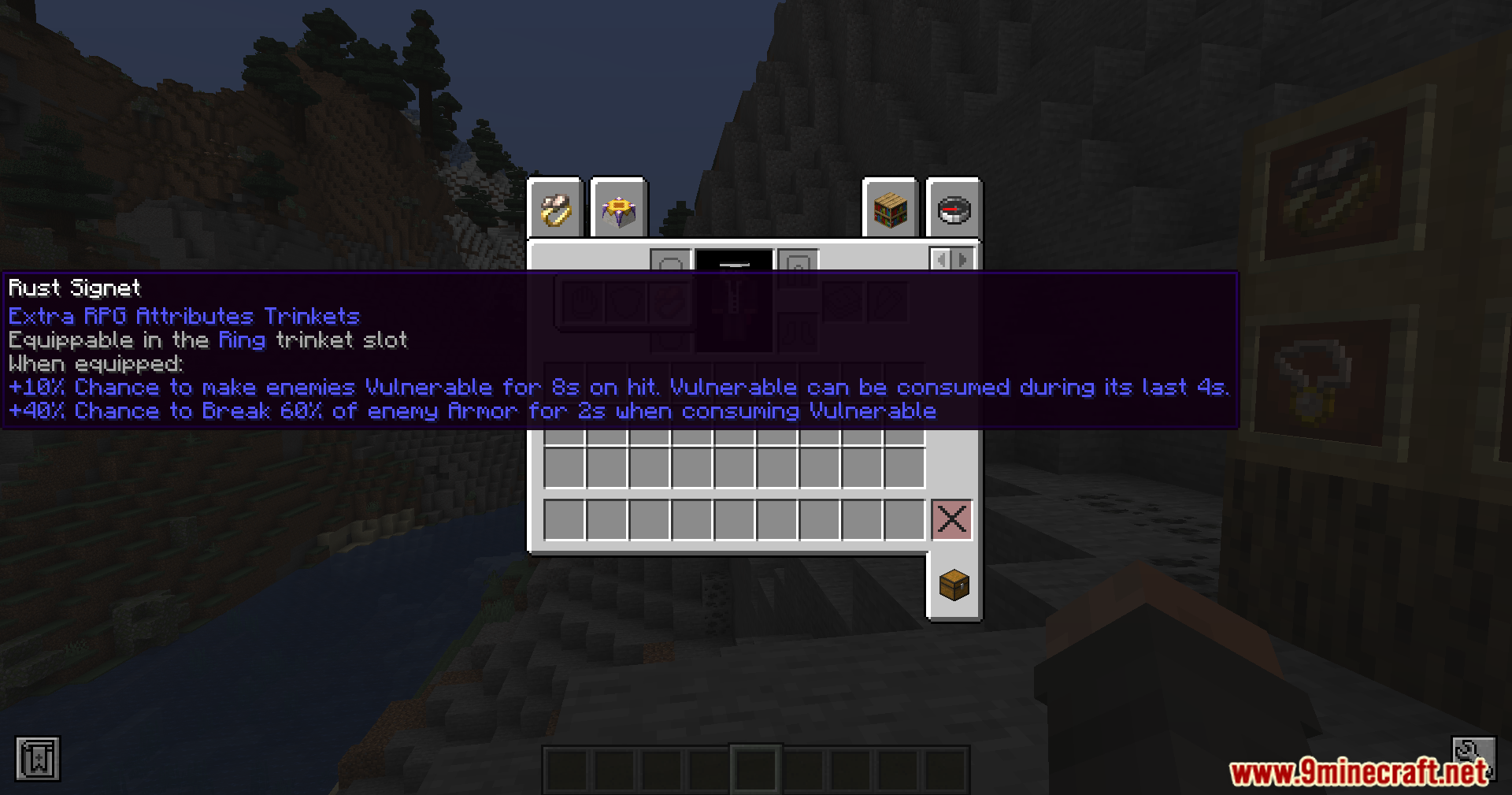 Extra Spell Attributes Mod Screenshot 3 Player viewing the combat attributes of a Rust Signet in the inventory