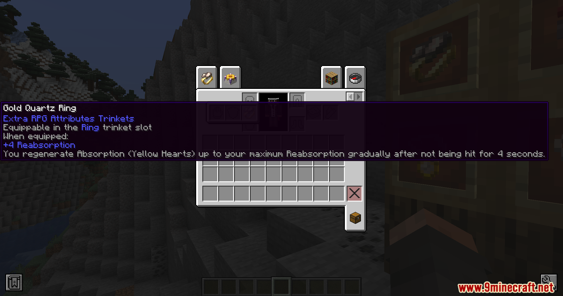 Extra Spell Attributes Mod Screenshot 4 Inventory screen displaying the Gold Quartz Ring and its reabsorption ability