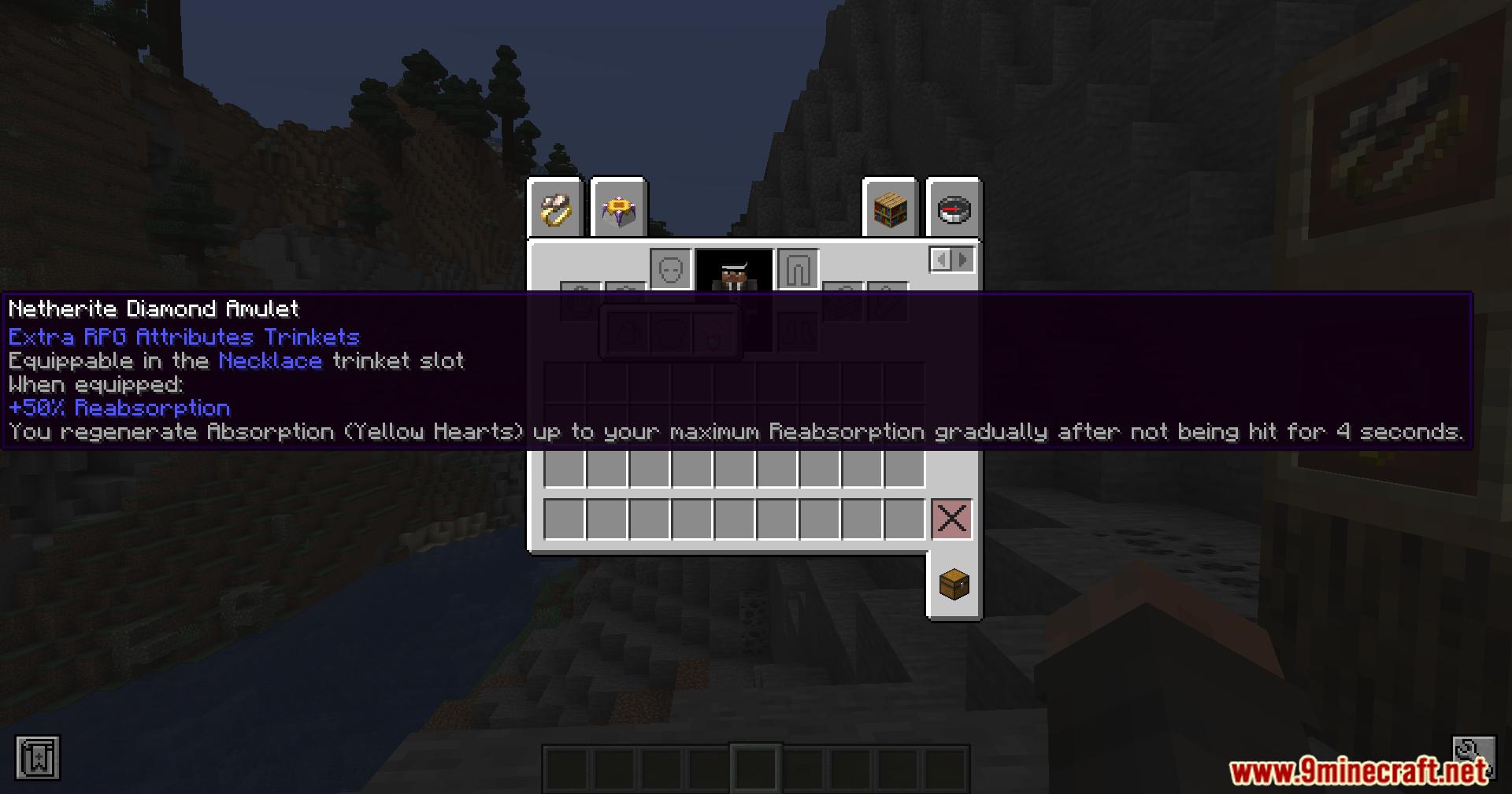 Extra Spell Attributes Mod Screenshot 8 Netherite Diamond Amulet tooltip showing reabsorption stats in the necklace trinket slot