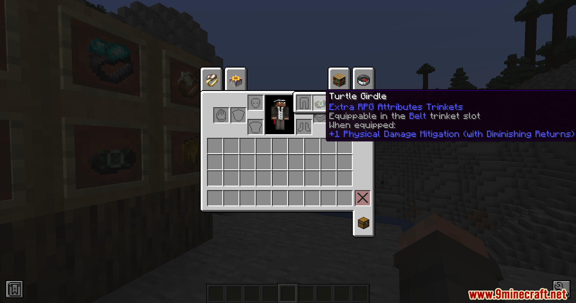 Extra Spell Attributes Mod Screenshot 9 Minecraft inventory screen displaying the Turtle Girdle trinket and its stats