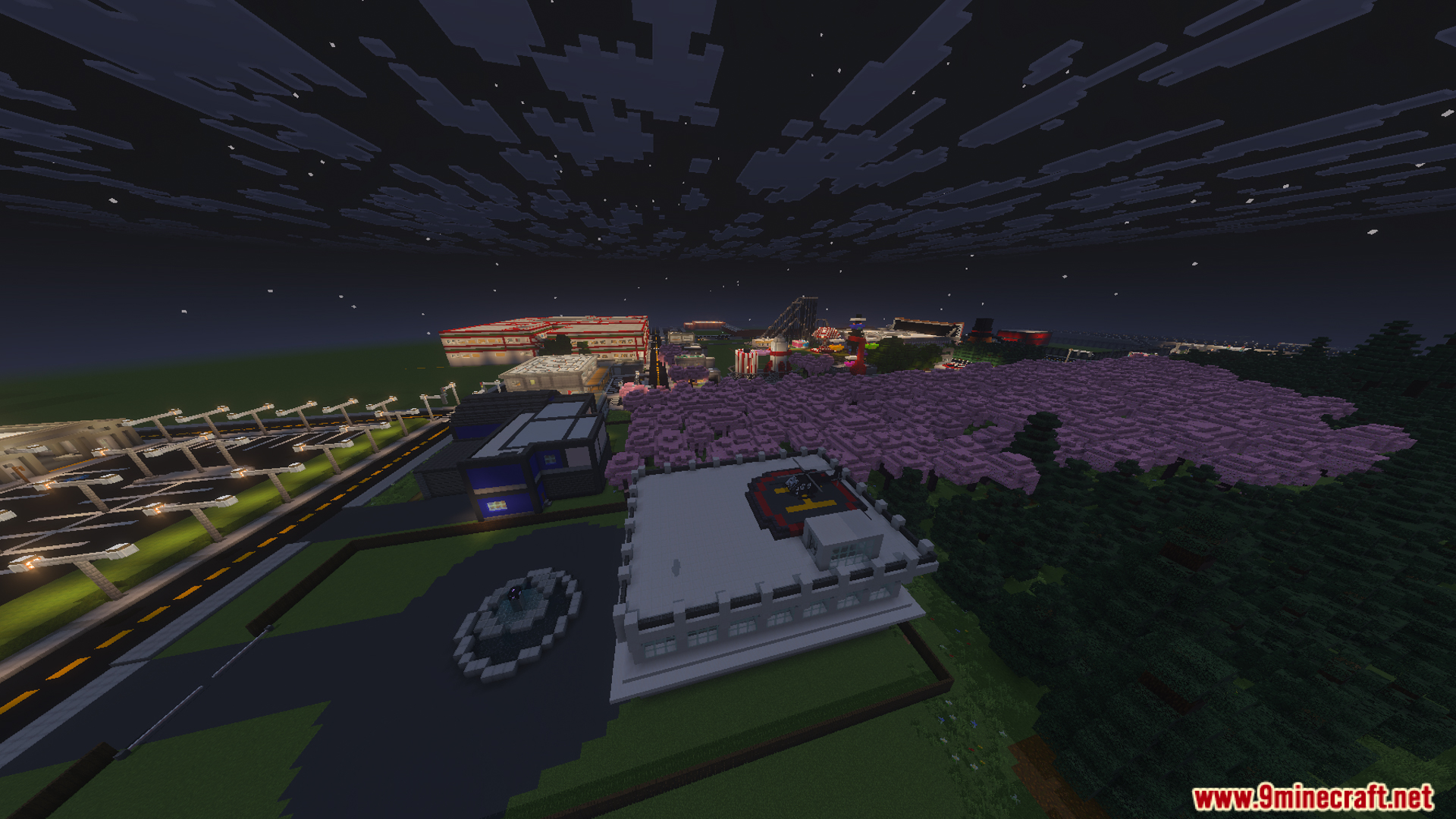 Aerial view of the city and highway at night in FNaF Silvia Map