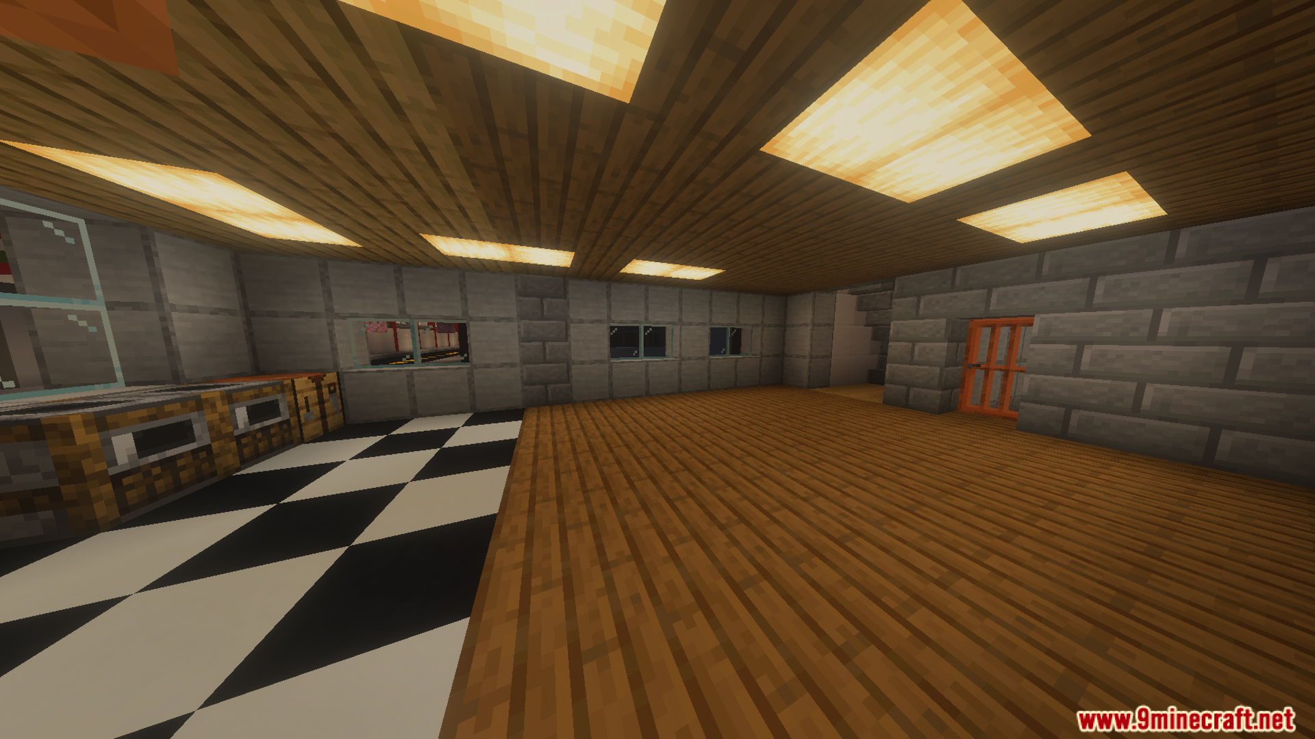 Interior of the FNaF Silvia Map pizzeria with checkered tiles and furnaces