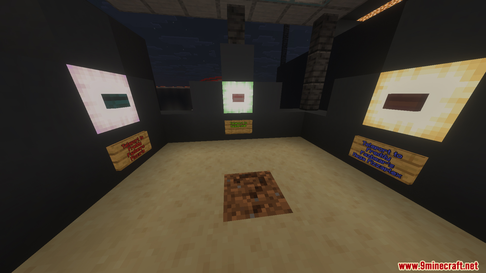 Three teleportation buttons on walls inside a dark room with wooden signs