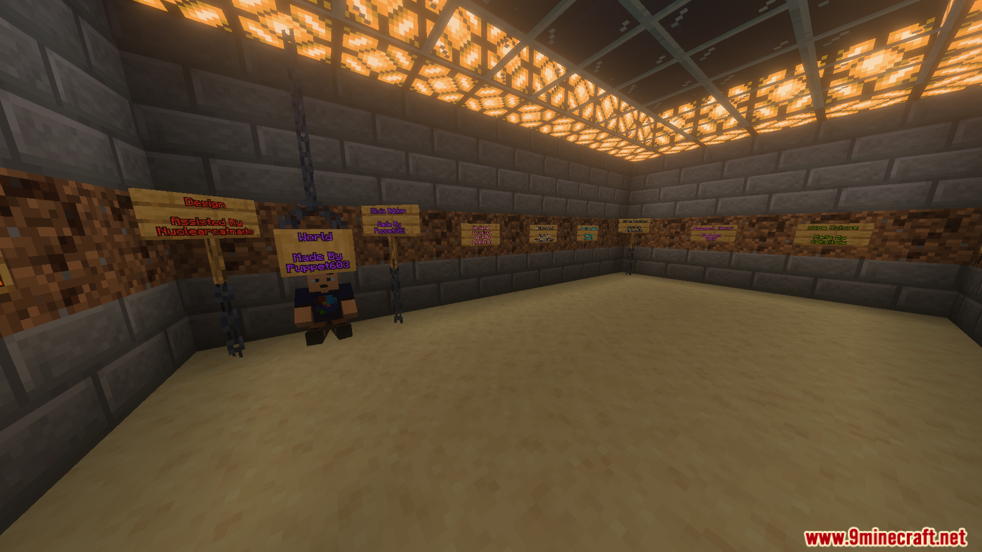 Player standing in a stone room with signs and a glowing ceiling