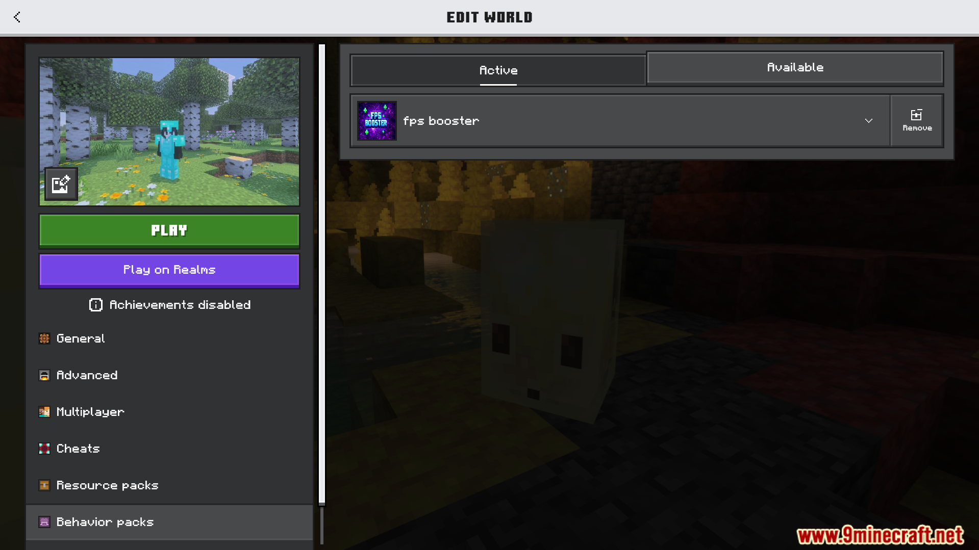 Minecraft Edit World menu showing the active FPS Booster Plus Plus Addon