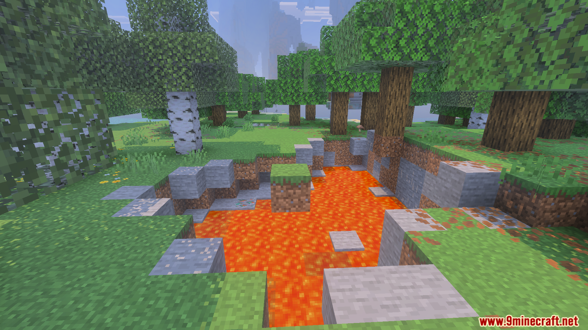 Minecraft forest landscape featuring a lava pool surrounded by trees
