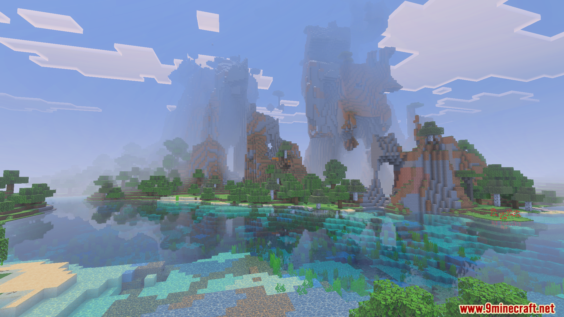FPS Booster Plus Plus Addon showing a scenic Minecraft landscape with tall mountains