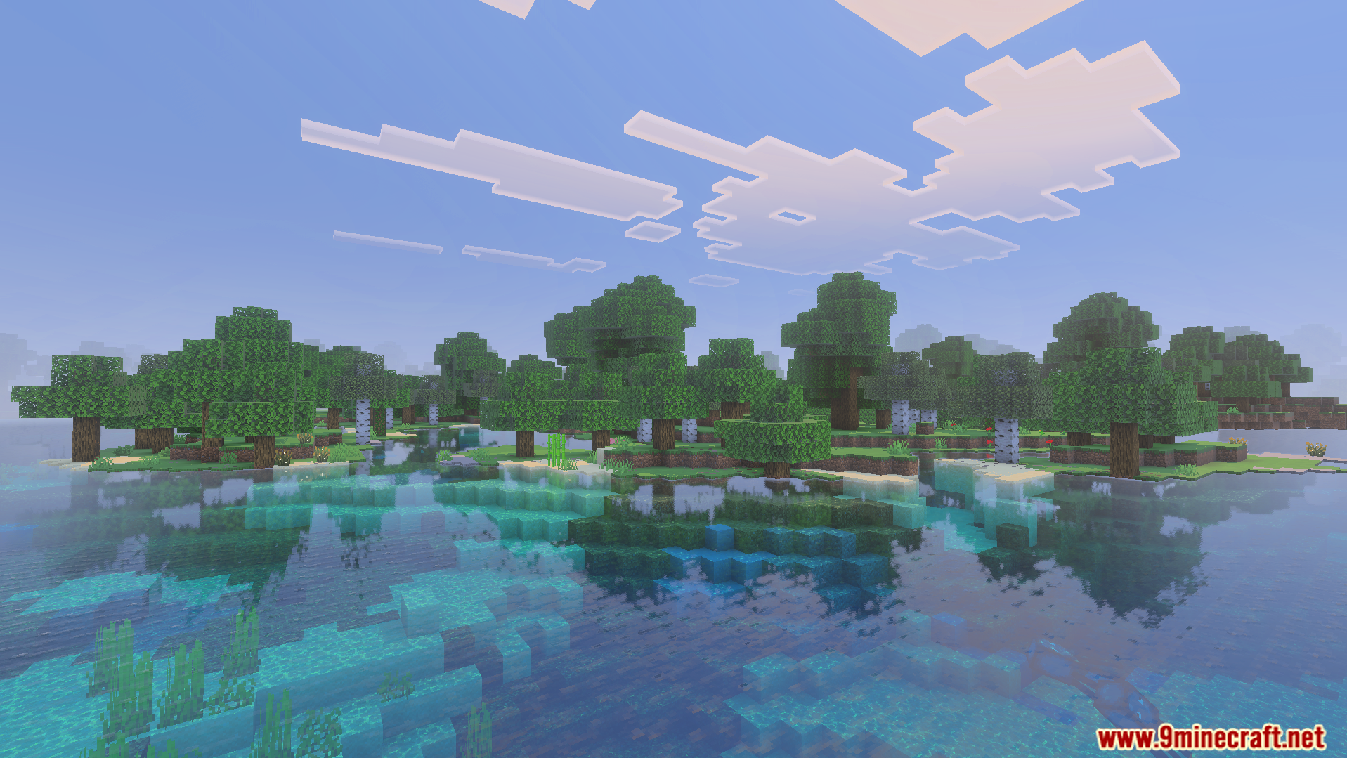 Lush green island with oak trees and clear water reflections