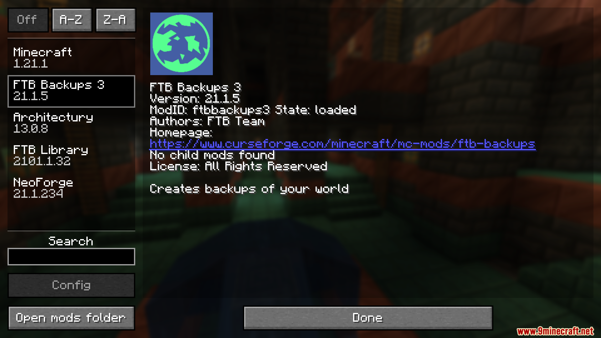 FTB Backups 3 Mod Screenshot 1 Minecraft mod interface showing version and details for FTB Backups 3 mod