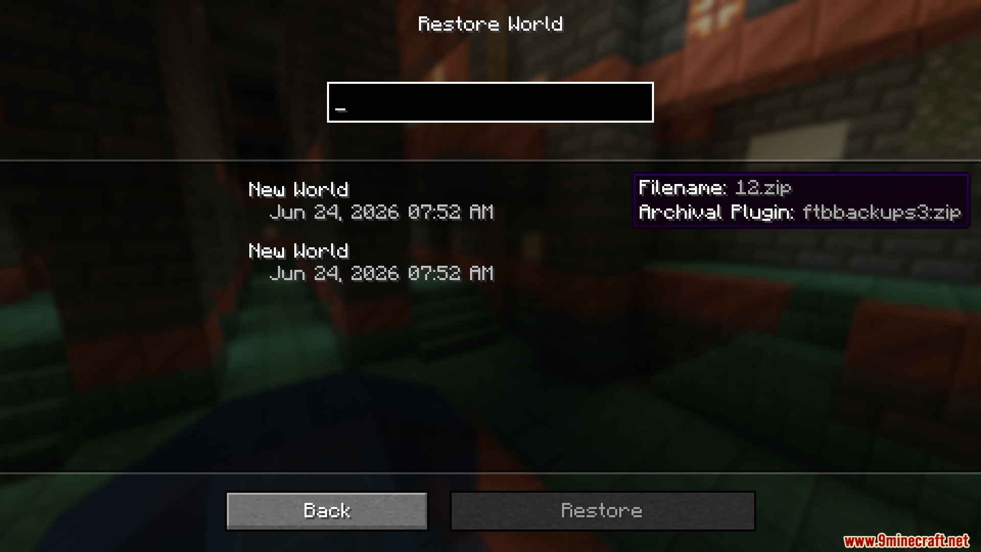 FTB Backups 3 Mod Screenshot 5 The restore world menu in Minecraft showing backups from FTB Backups 3