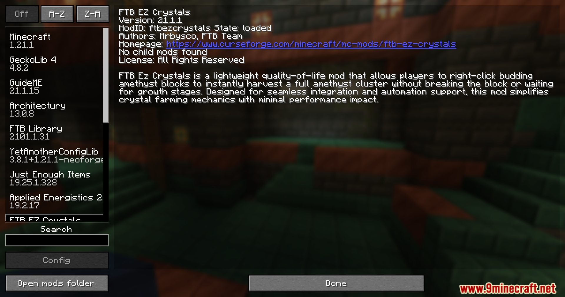 Minecraft mod menu screen displaying information for the FTB Ez Crystals mod