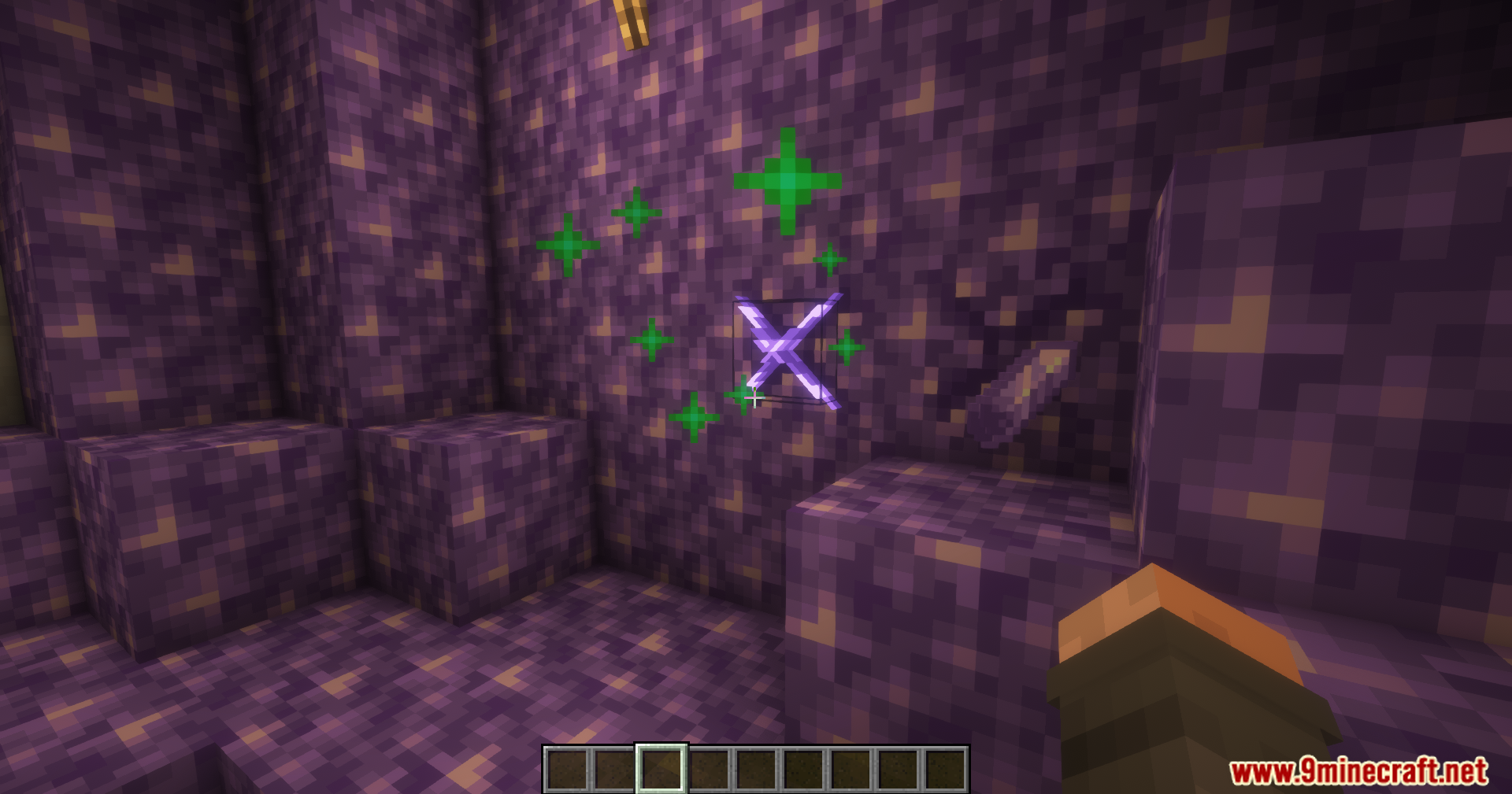 Amethyst shards dropping from a budding block after a successful harvest interaction