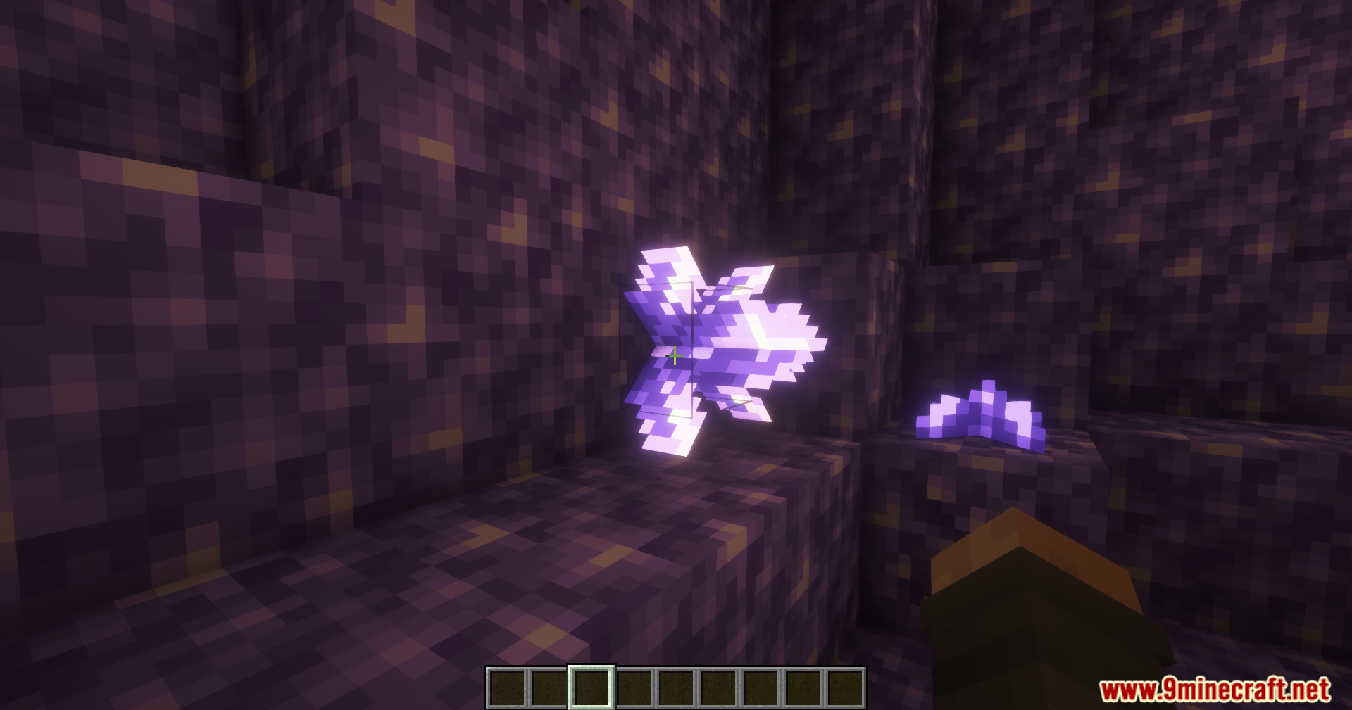 A fully grown amethyst cluster attached to a budding block in a geode