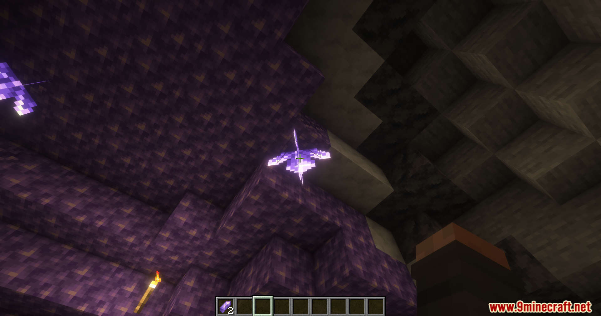 A player looks at a fully grown amethyst cluster in a geode