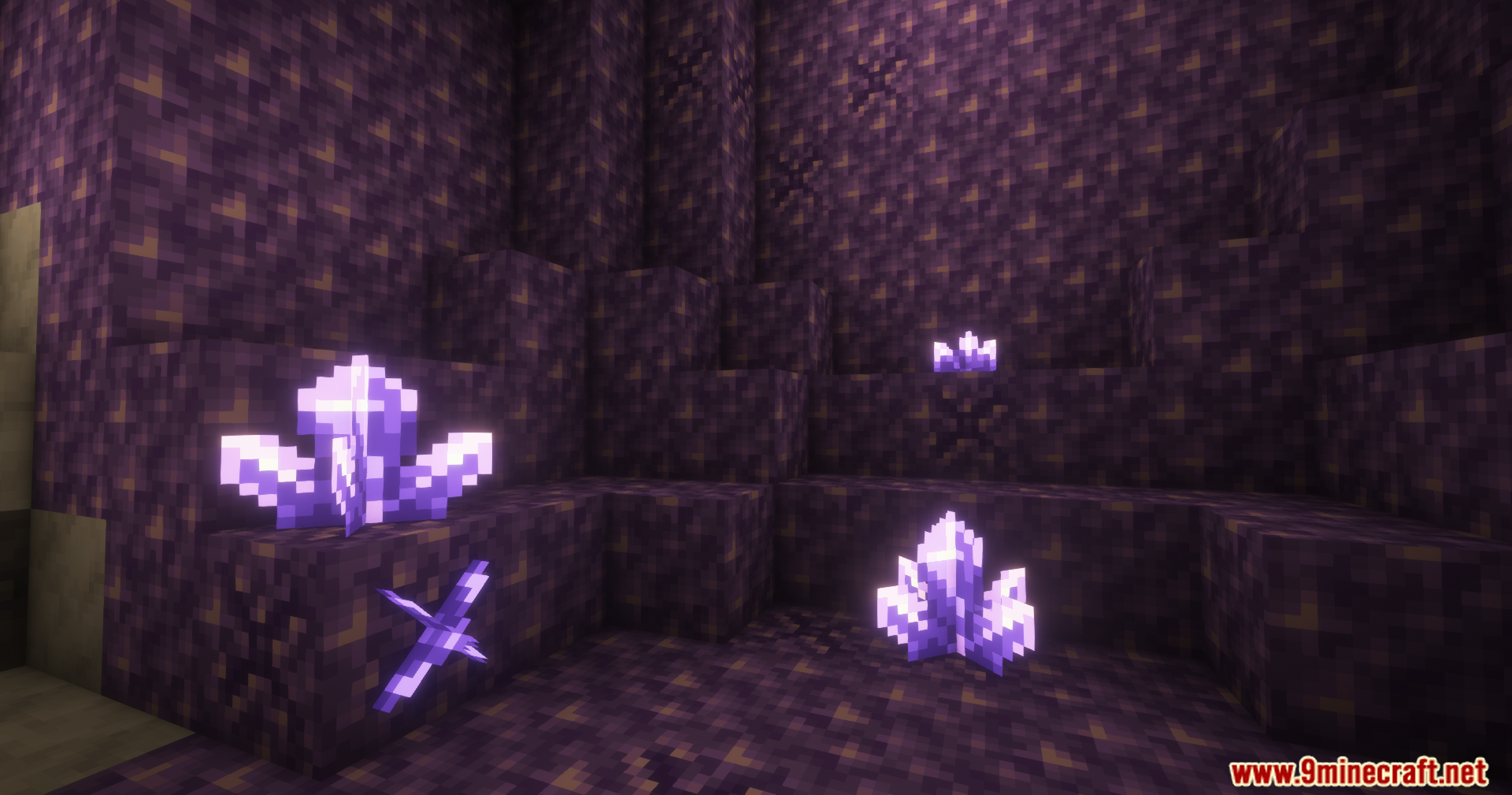 Various sizes of amethyst clusters growing on budding blocks inside a geode