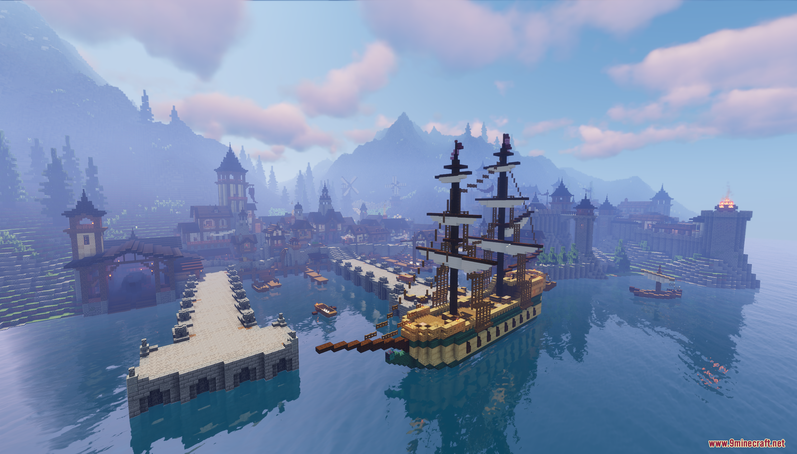 A large wooden sailing ship docked at a busy medieval harbor