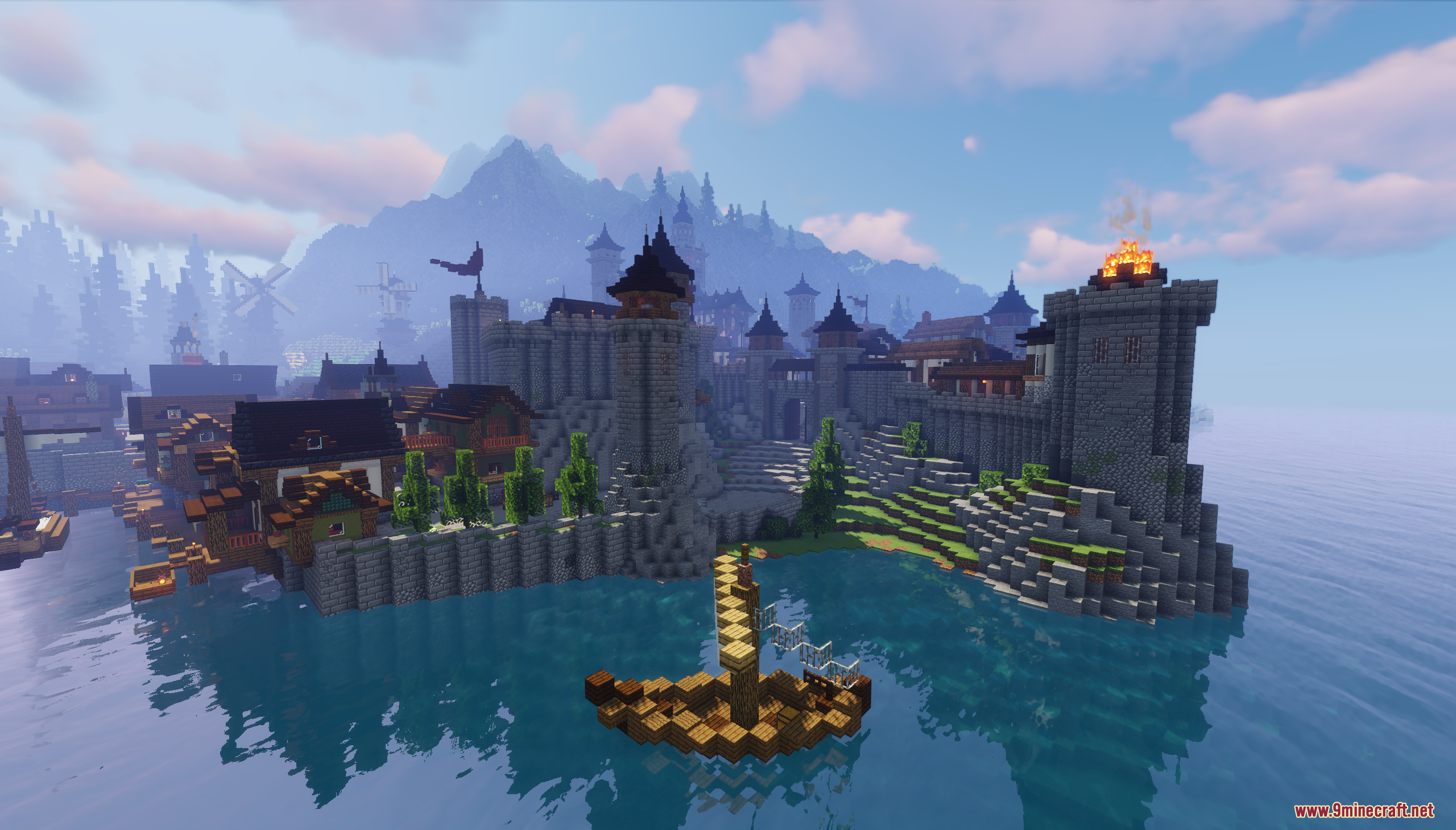 A stone fortress overlooking the ocean with a small wooden boat nearby