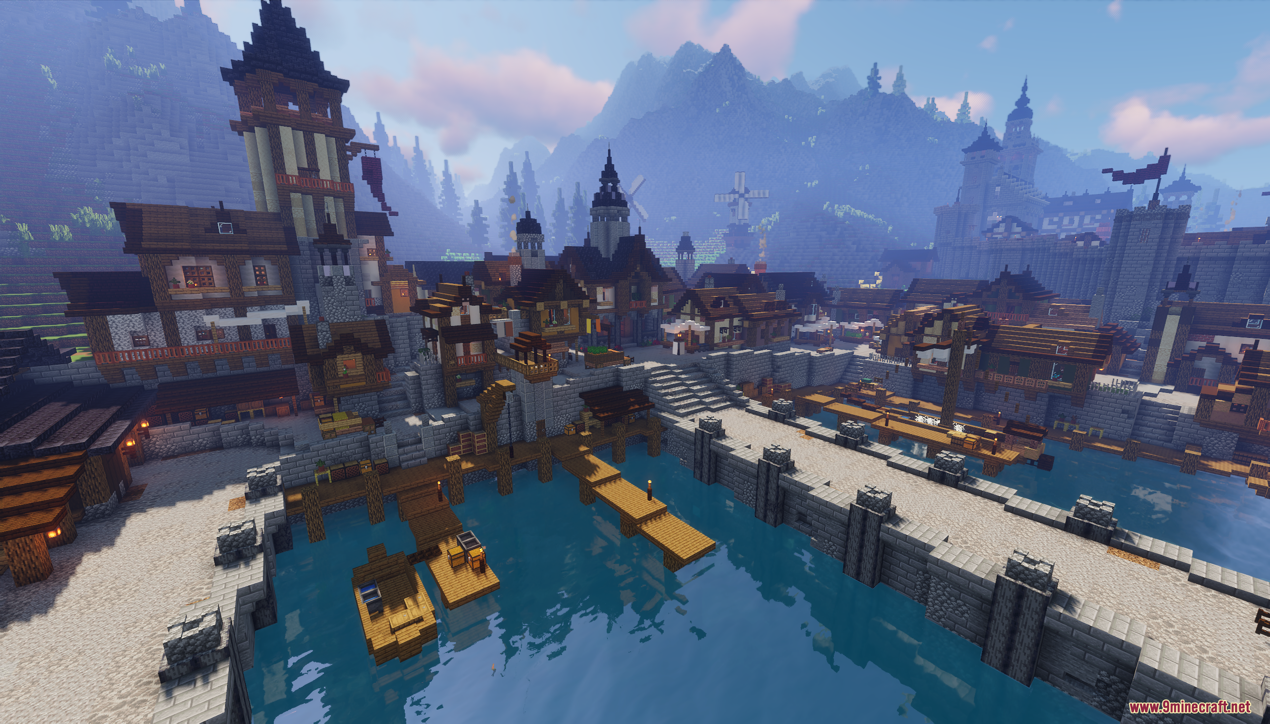 Fantasy World Map featuring a harbor town with a tall tower and docks
