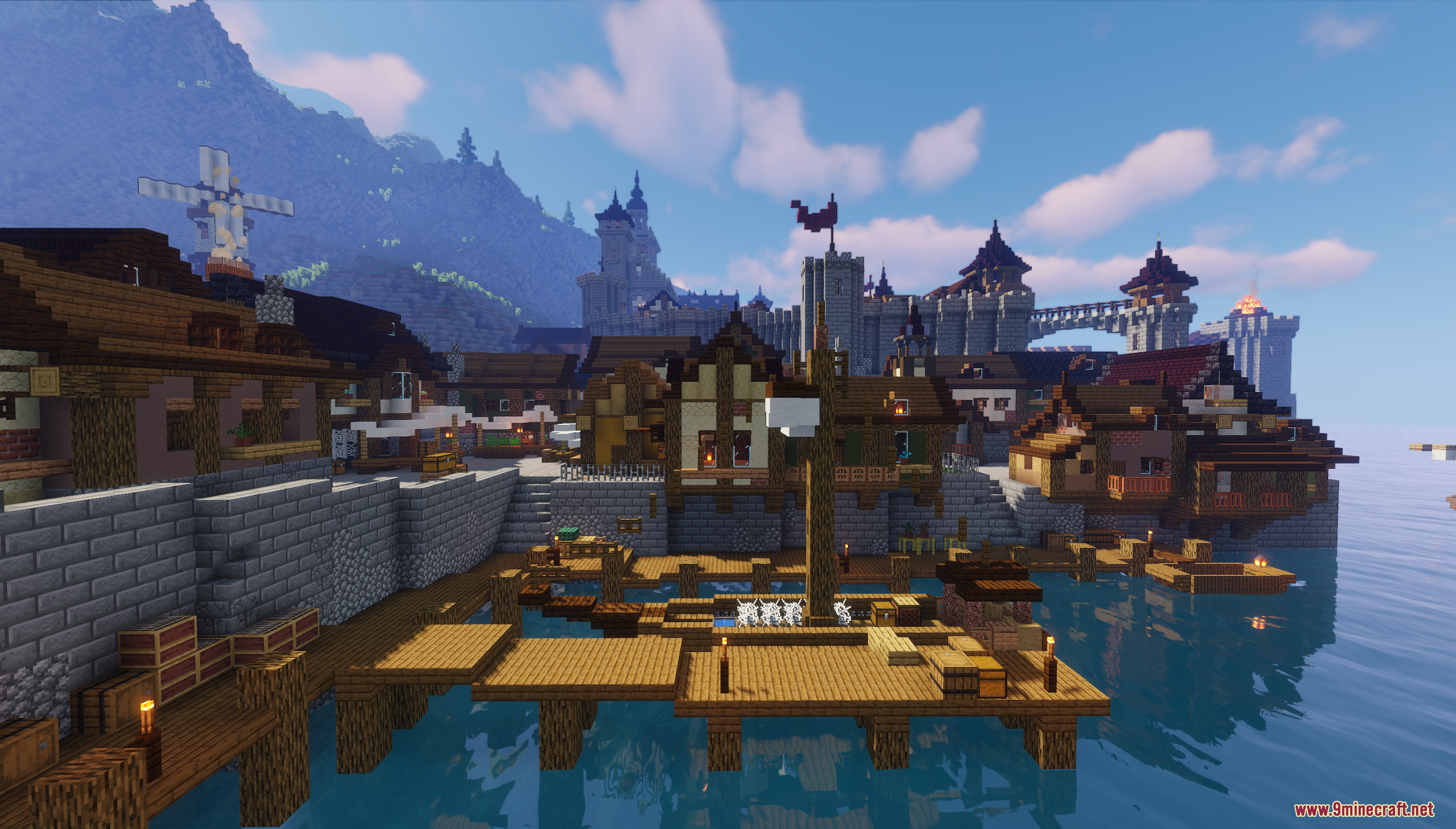 Wooden docks and medieval buildings with a large castle in the background