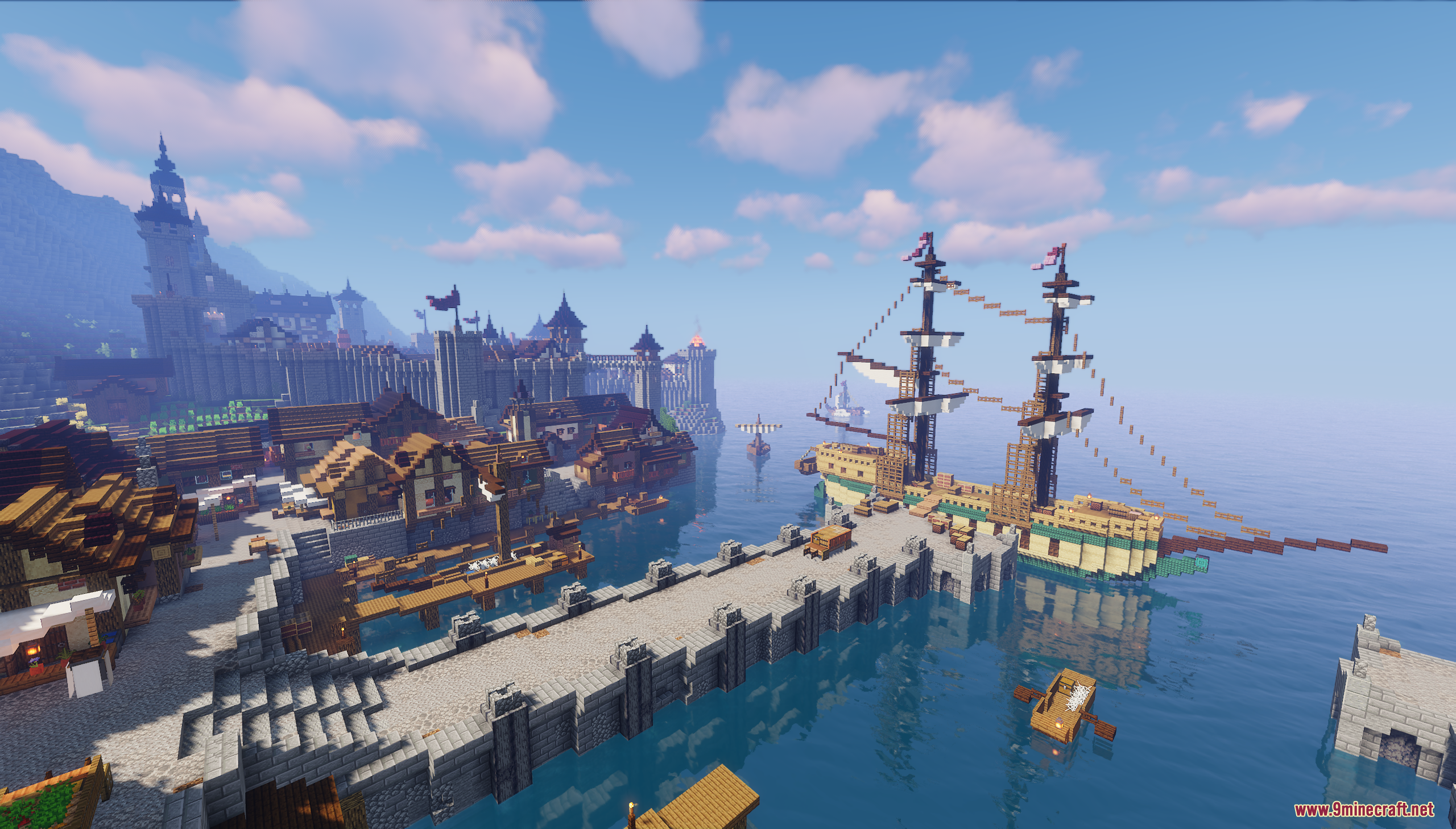 Large wooden sailing ship docked at a stone pier in a medieval harbor
