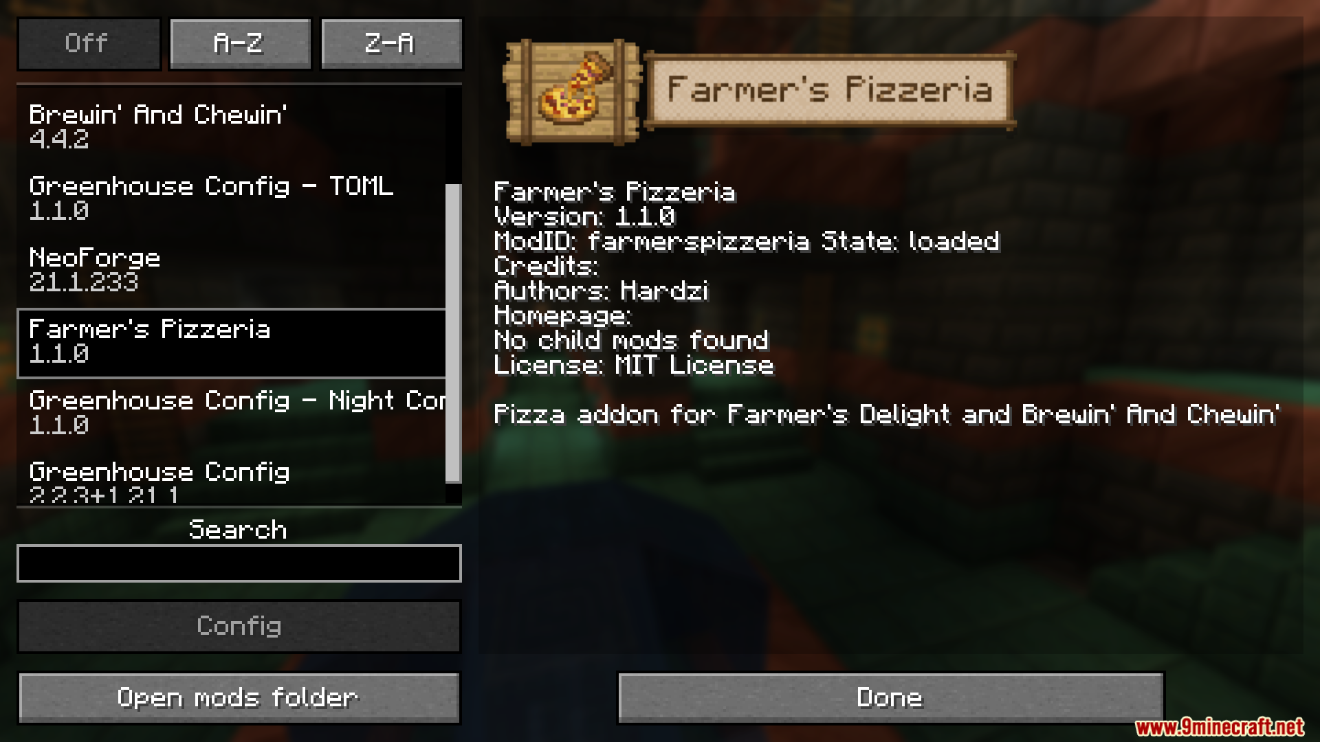 Farmers Pizzeria Mod Screenshot 1 Minecraft mod menu displaying details for the Farmers Pizzeria pizza addon