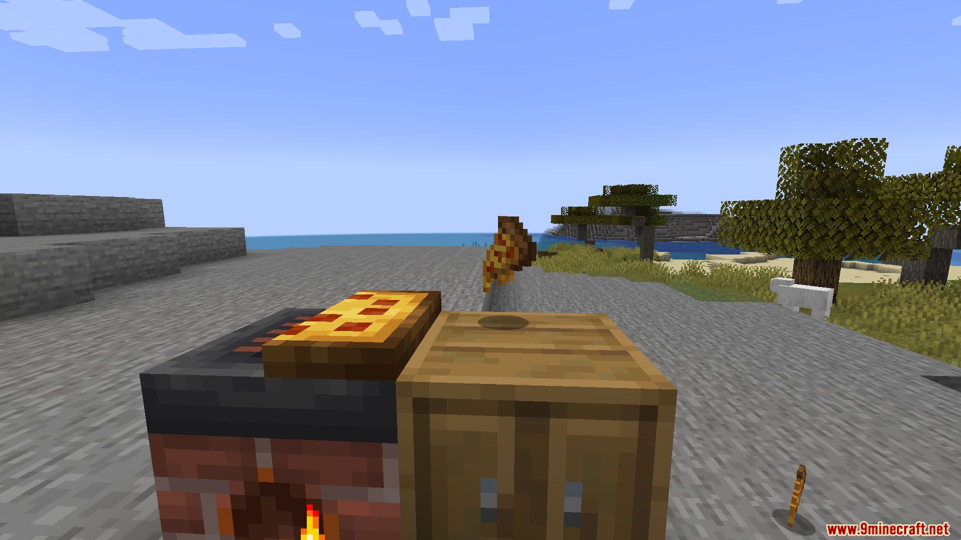 Farmers Pizzeria Mod Screenshot 11 A slice of pizza floats above a wooden block next to a stove