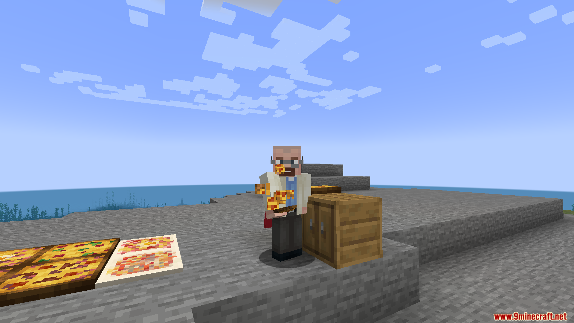 Farmers Pizzeria Mod Screenshot 14 A character holding pizza slices next to whole pizzas on the ground