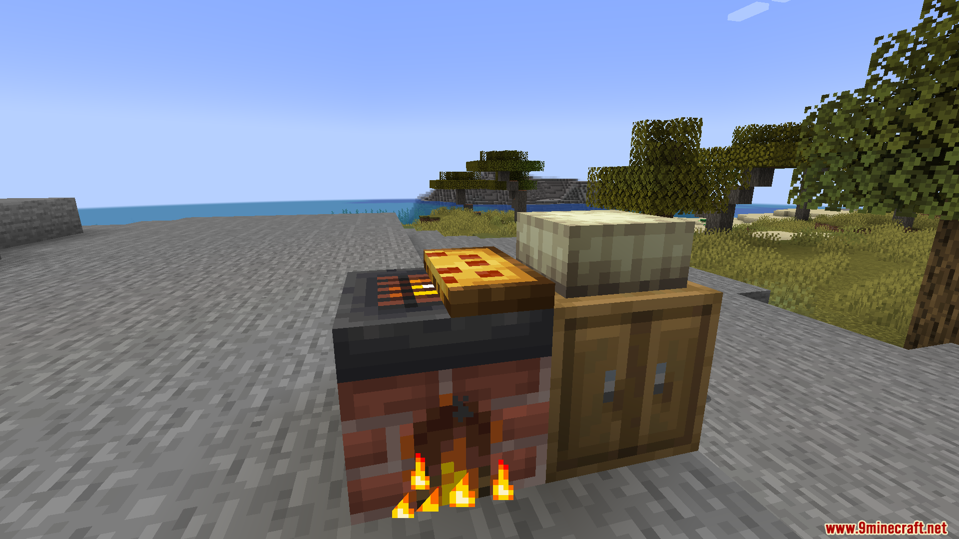 Farmers Pizzeria Mod Screenshot 15 Baking a fresh pizza on a brick oven next to a wooden cabinet