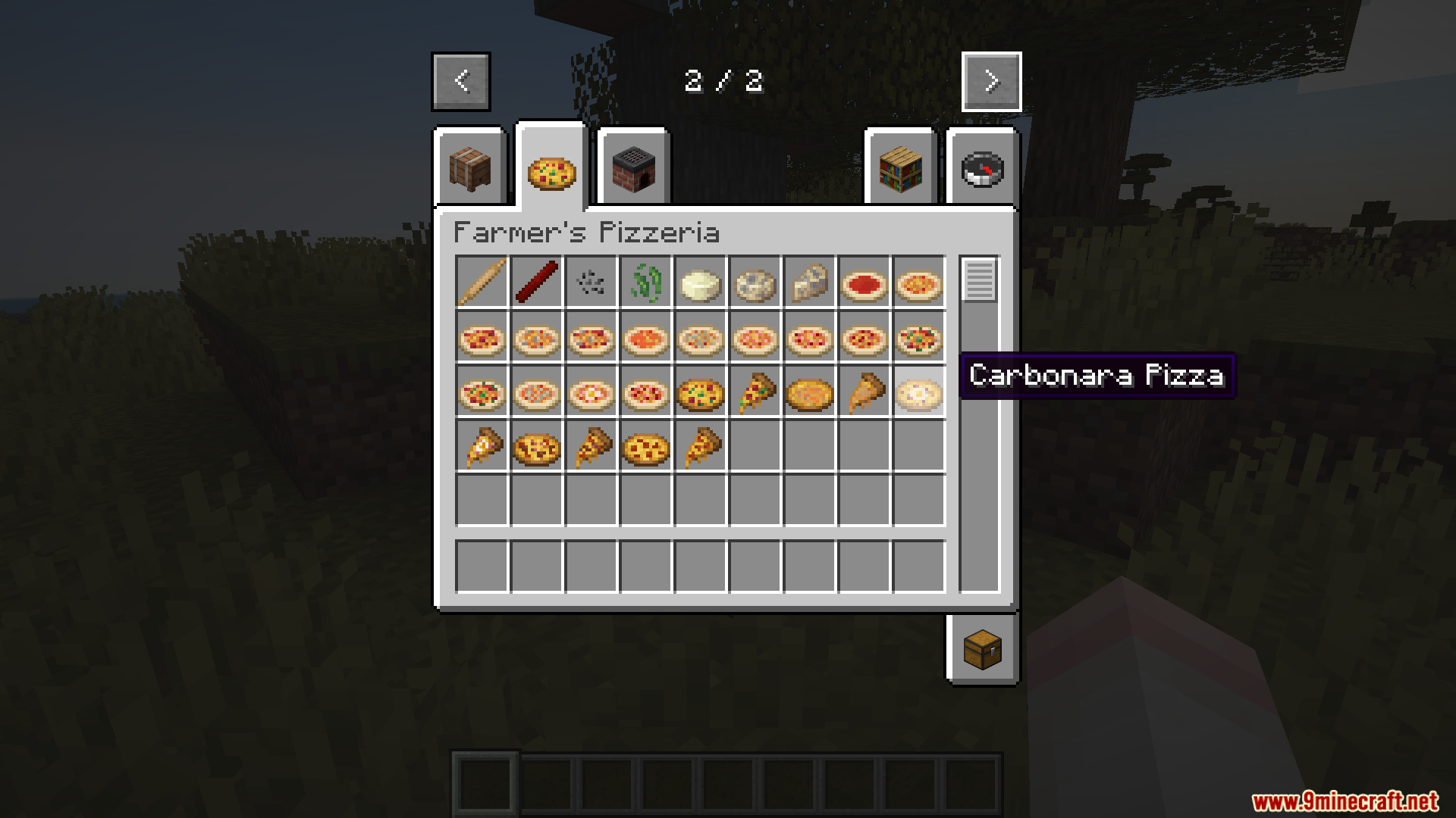 Farmers Pizzeria Mod Screenshot 2 Creative inventory tab filled with various types of pizzas and food ingredients