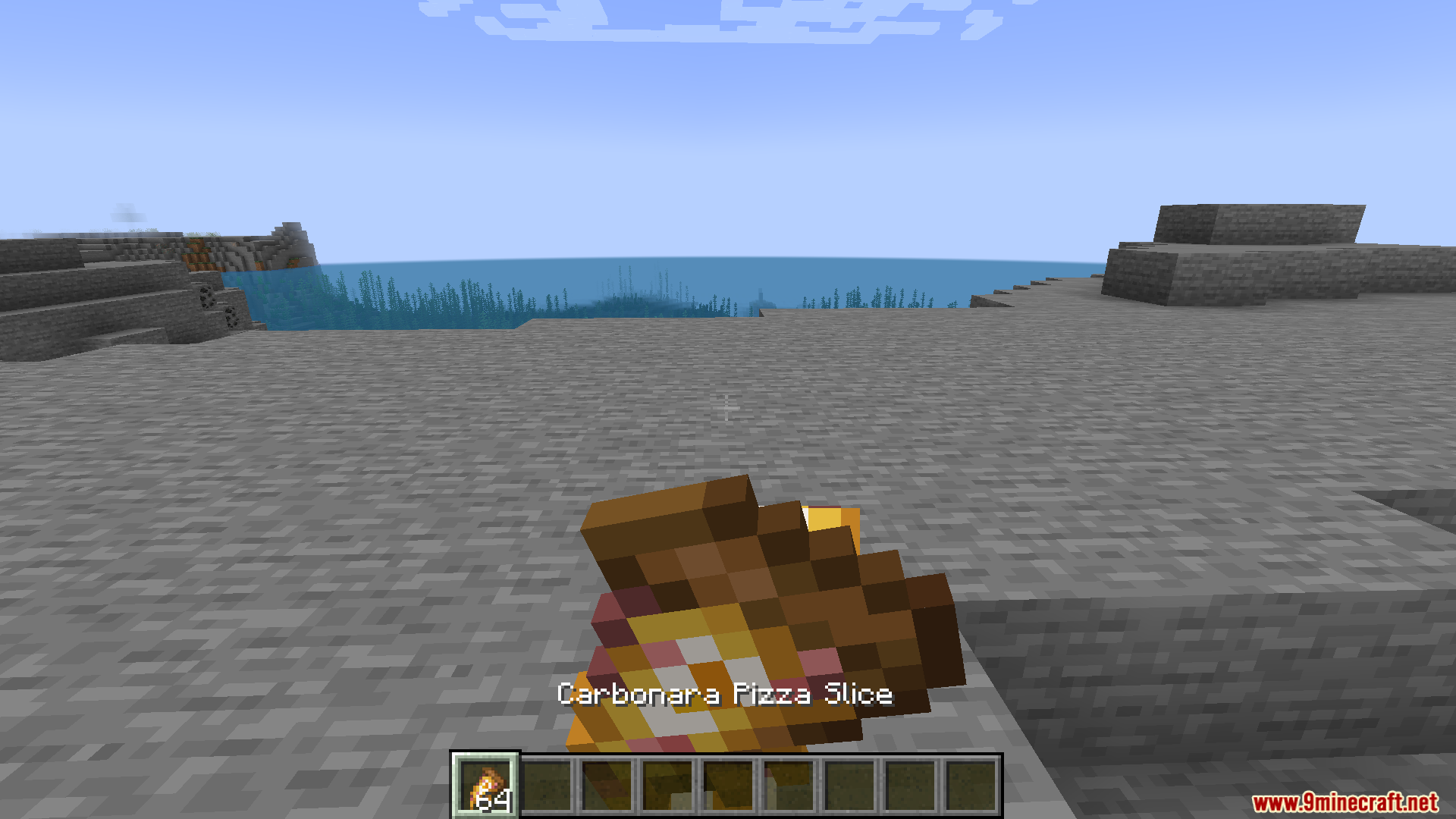 Farmers Pizzeria Mod Screenshot 5 A player character holding a slice of carbonara pizza in their hand