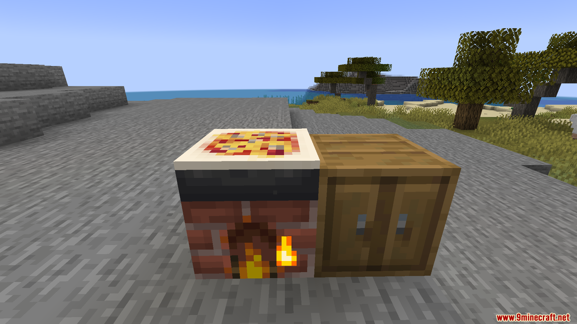 Farmers Pizzeria Mod Screenshot 7 A raw pizza resting on a brick stove next to a wooden cabinet