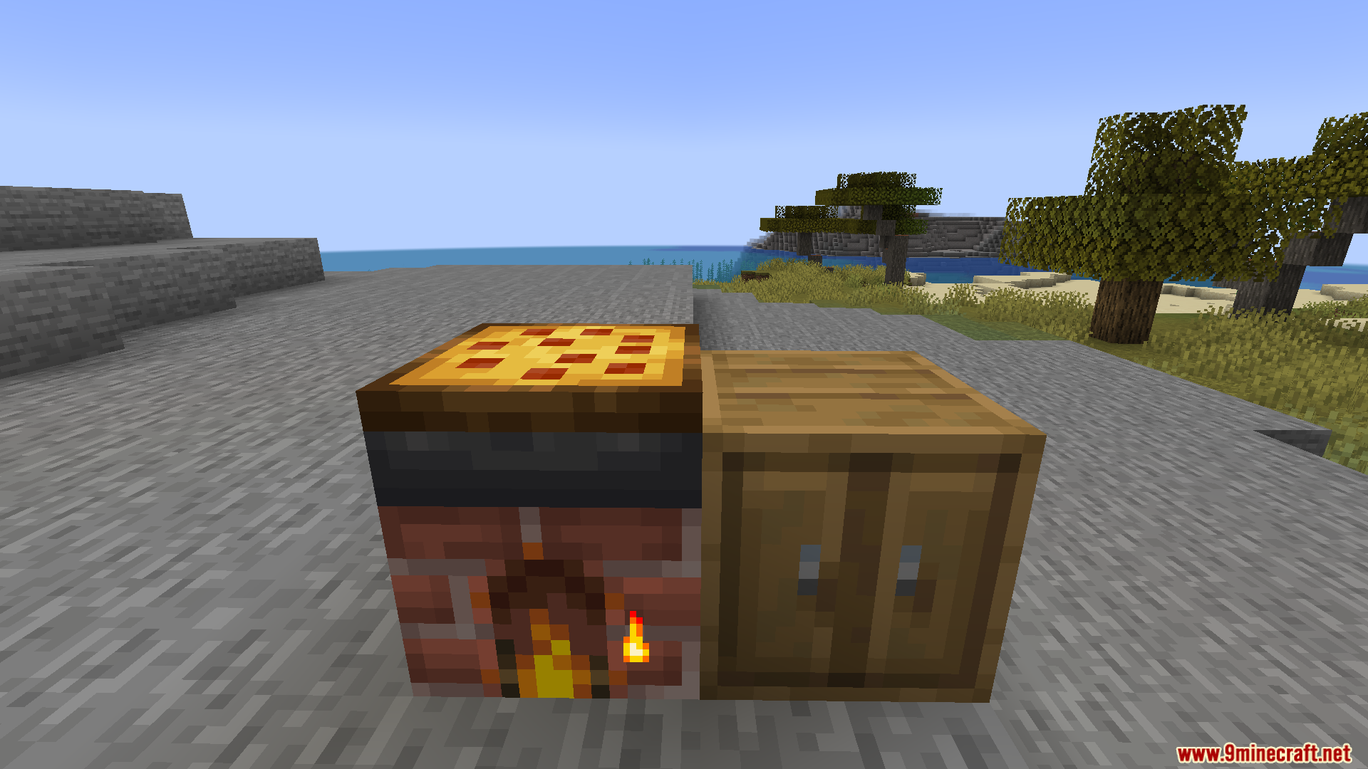 Farmers Pizzeria Mod Screenshot 8 A baked pizza sitting on a brick stove next to a wooden cabinet
