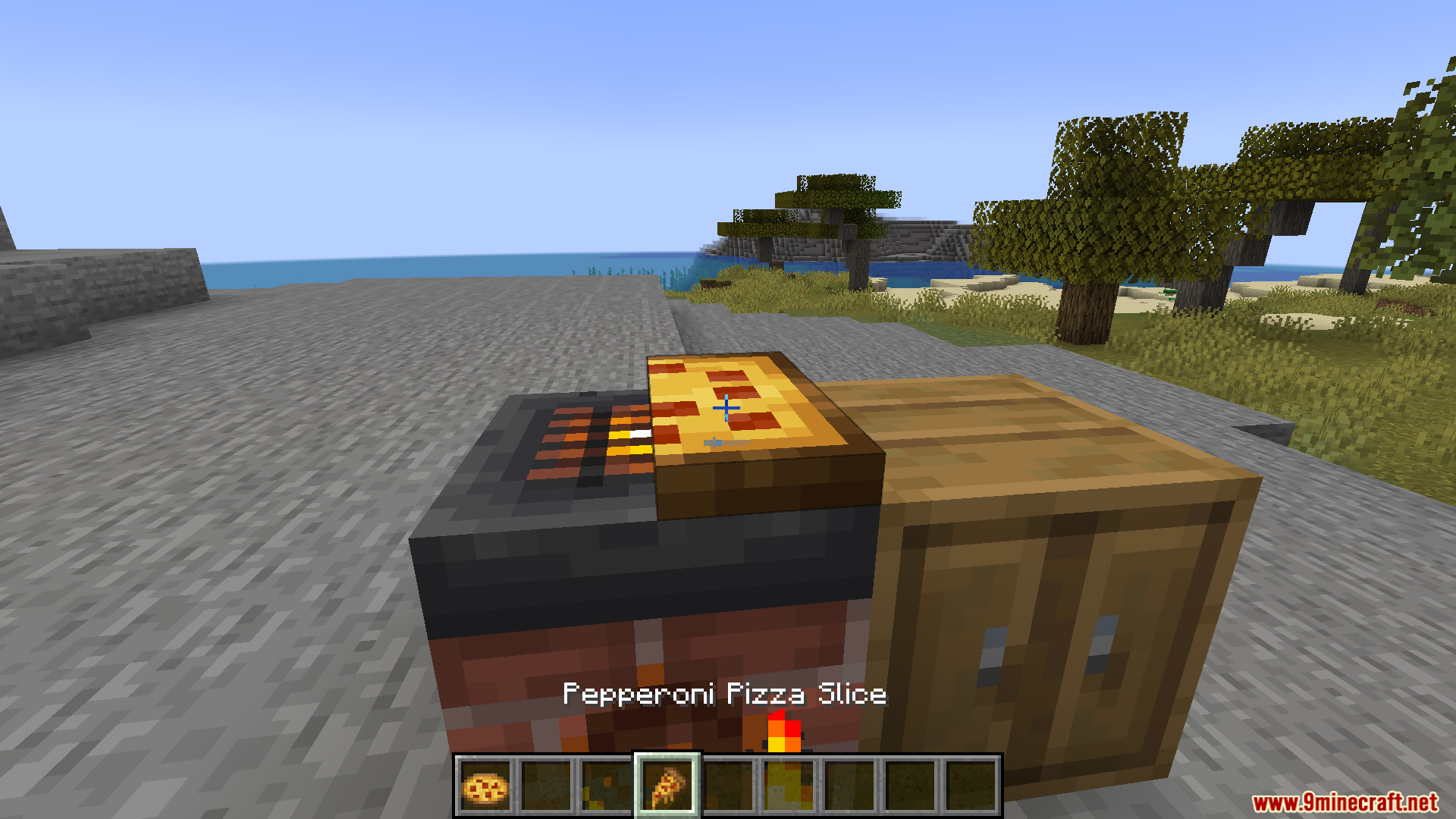 Farmers Pizzeria Mod Screenshot 9 A pepperoni pizza slice sitting on a brick stove in a savanna