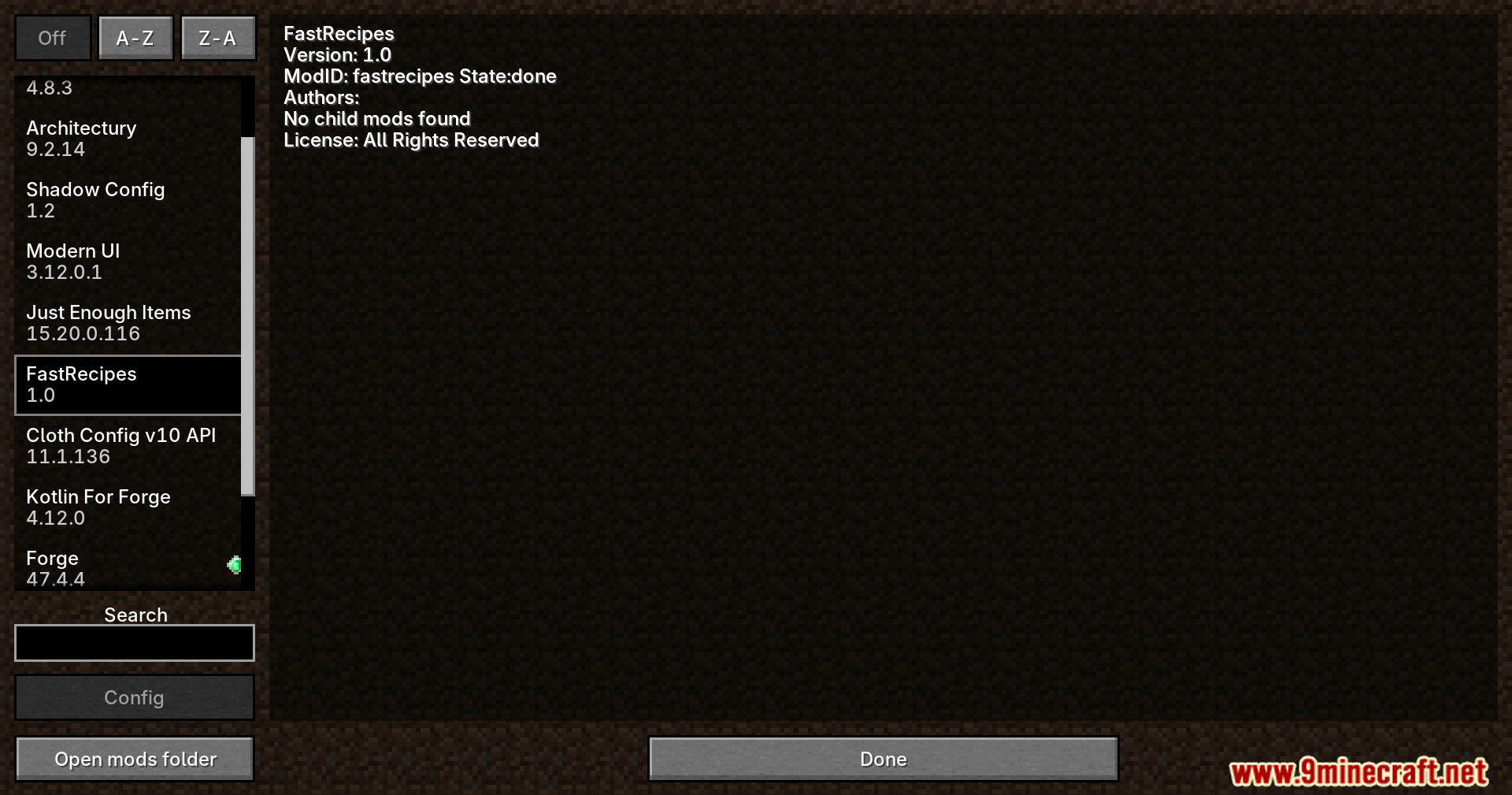 Fast Recipes Mod Screenshot 1 The Minecraft mod menu screen displaying FastRecipes and various other installed mods