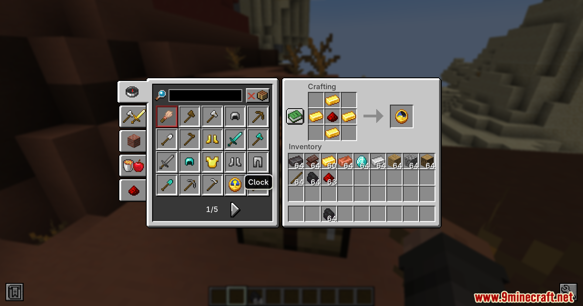 Fast Recipes Mod Screenshot 4 Crafting a clock using gold ingots and redstone dust in the crafting table