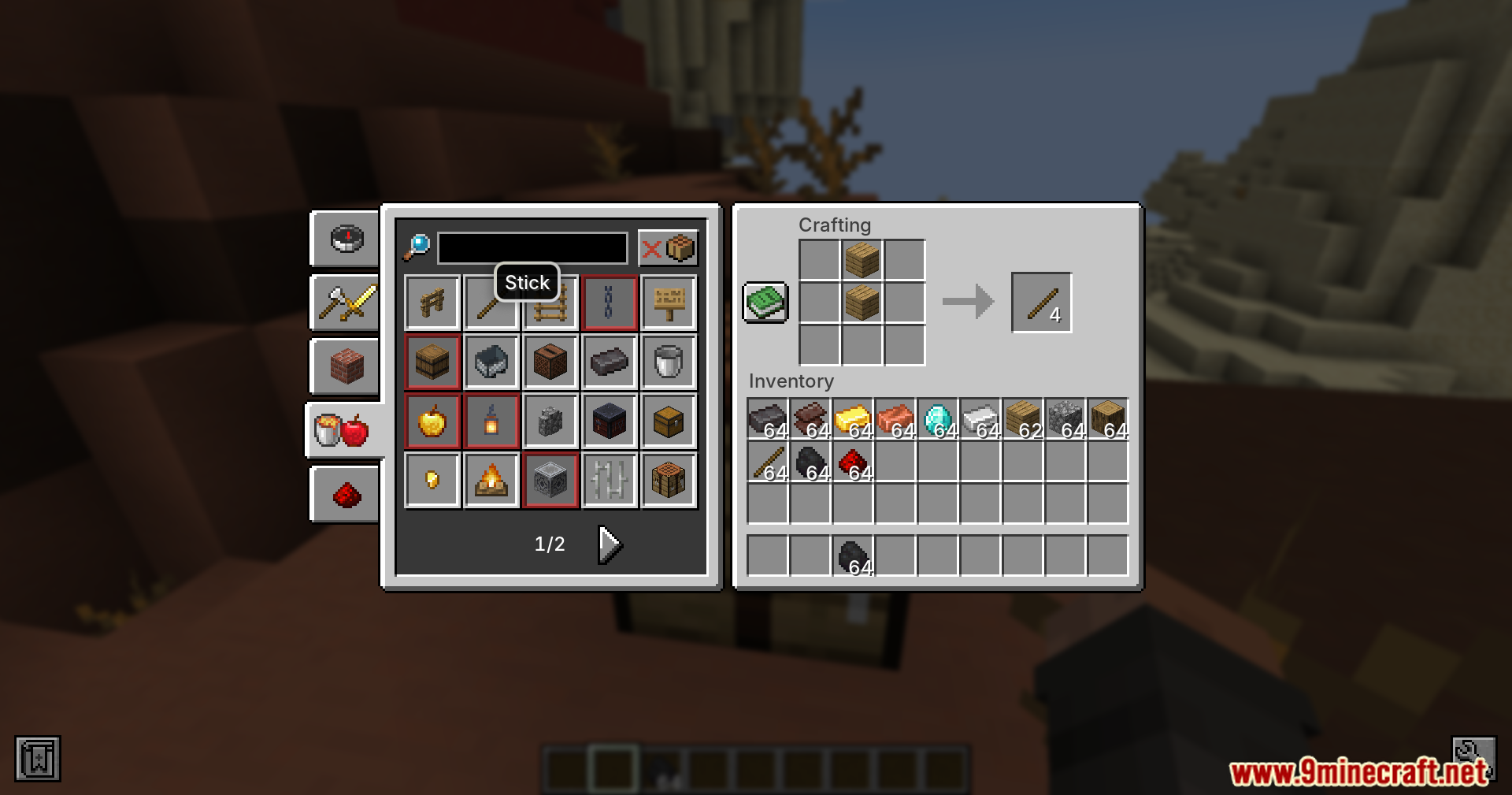 Fast Recipes Mod Screenshot 5 Player crafting sticks from wooden planks in the Minecraft crafting table interface