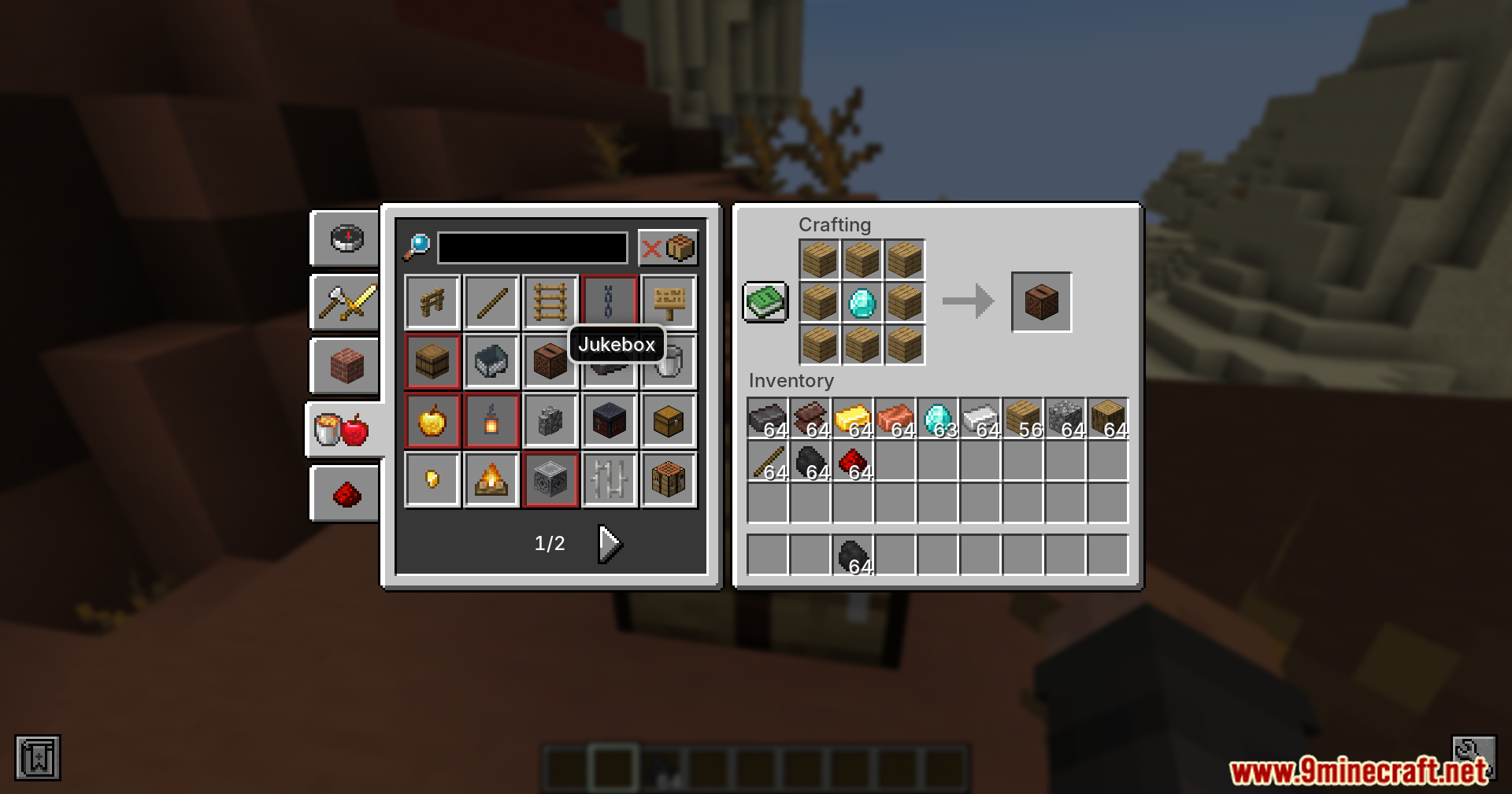 Fast Recipes Mod Screenshot 6 Crafting a jukebox using wooden planks and a diamond in the crafting grid