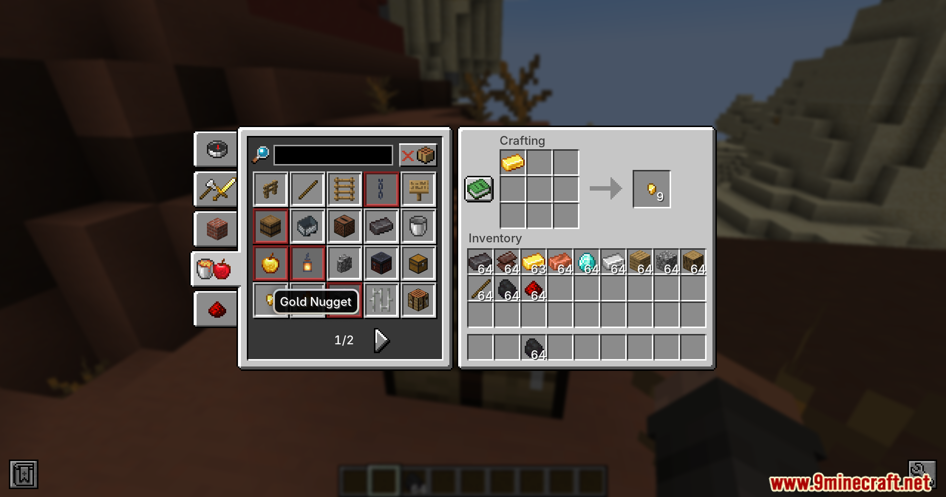 Fast Recipes Mod Screenshot 8 Player converting a gold ingot into gold nuggets in the crafting table menu