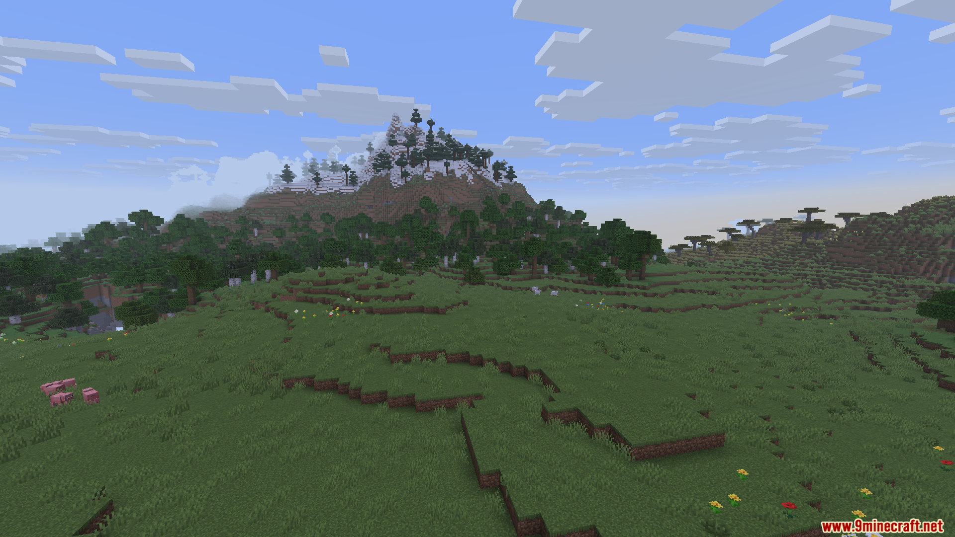 Fast Server Pings Mod Screenshot 1 Minecraft landscape featuring a snowy mountain and grazing pink sheep