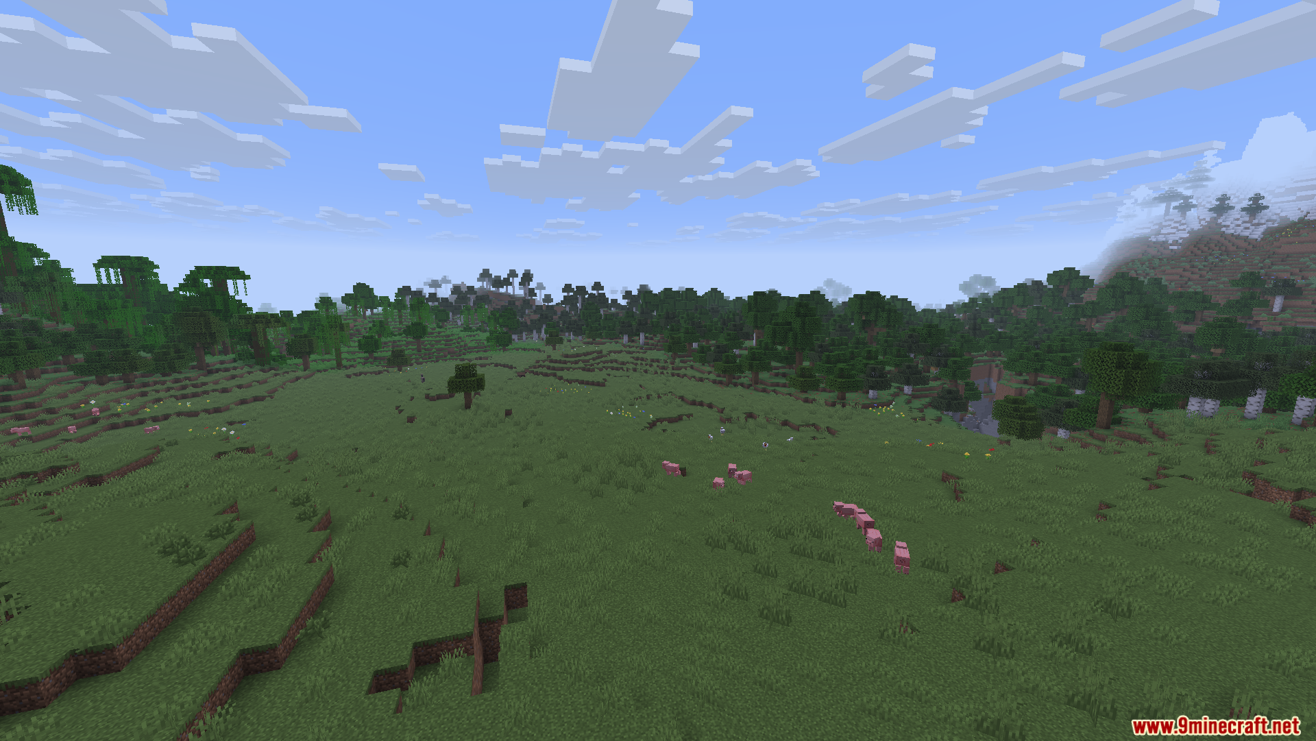 Fast Server Pings Mod Screenshot 2 Open Minecraft field with pink sheep and a distant forest line