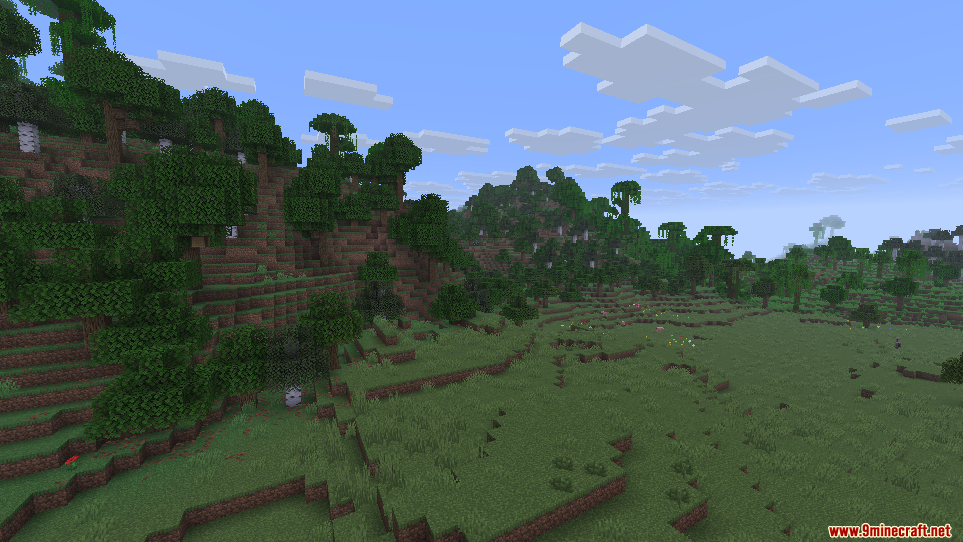 Fast Server Pings Mod Screenshot 3 Scenic Minecraft landscape with lush green hills and dense jungle trees