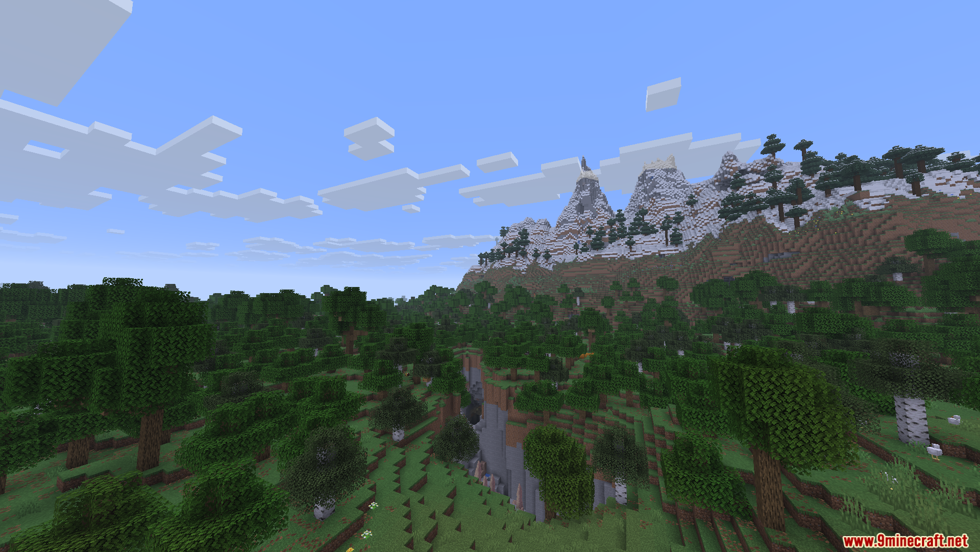 Fast Server Pings Mod Screenshot 4 Deep ravine cutting through a forest with snowy mountains in distance