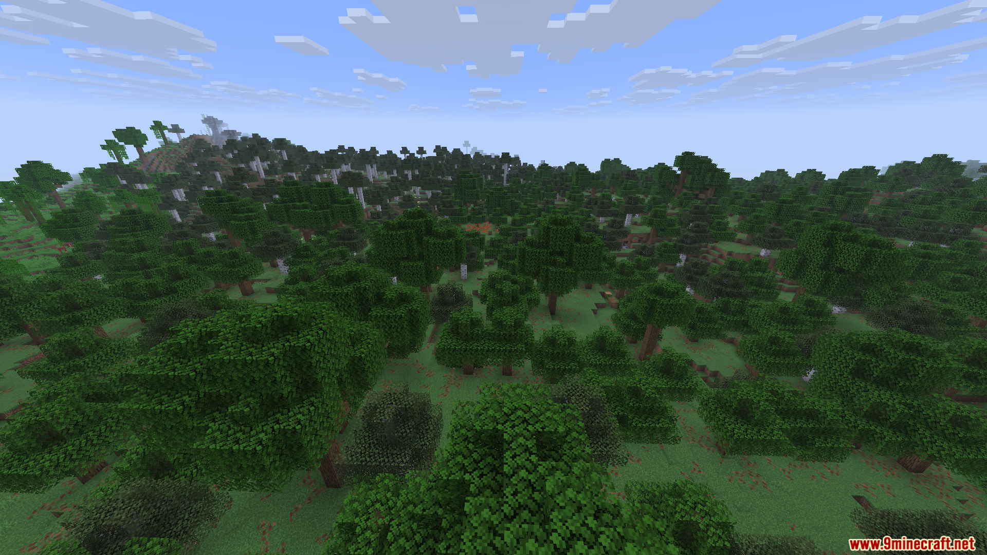 Fast Server Pings Mod Screenshot 5 Dense green forest biome with various trees under a clear blue sky