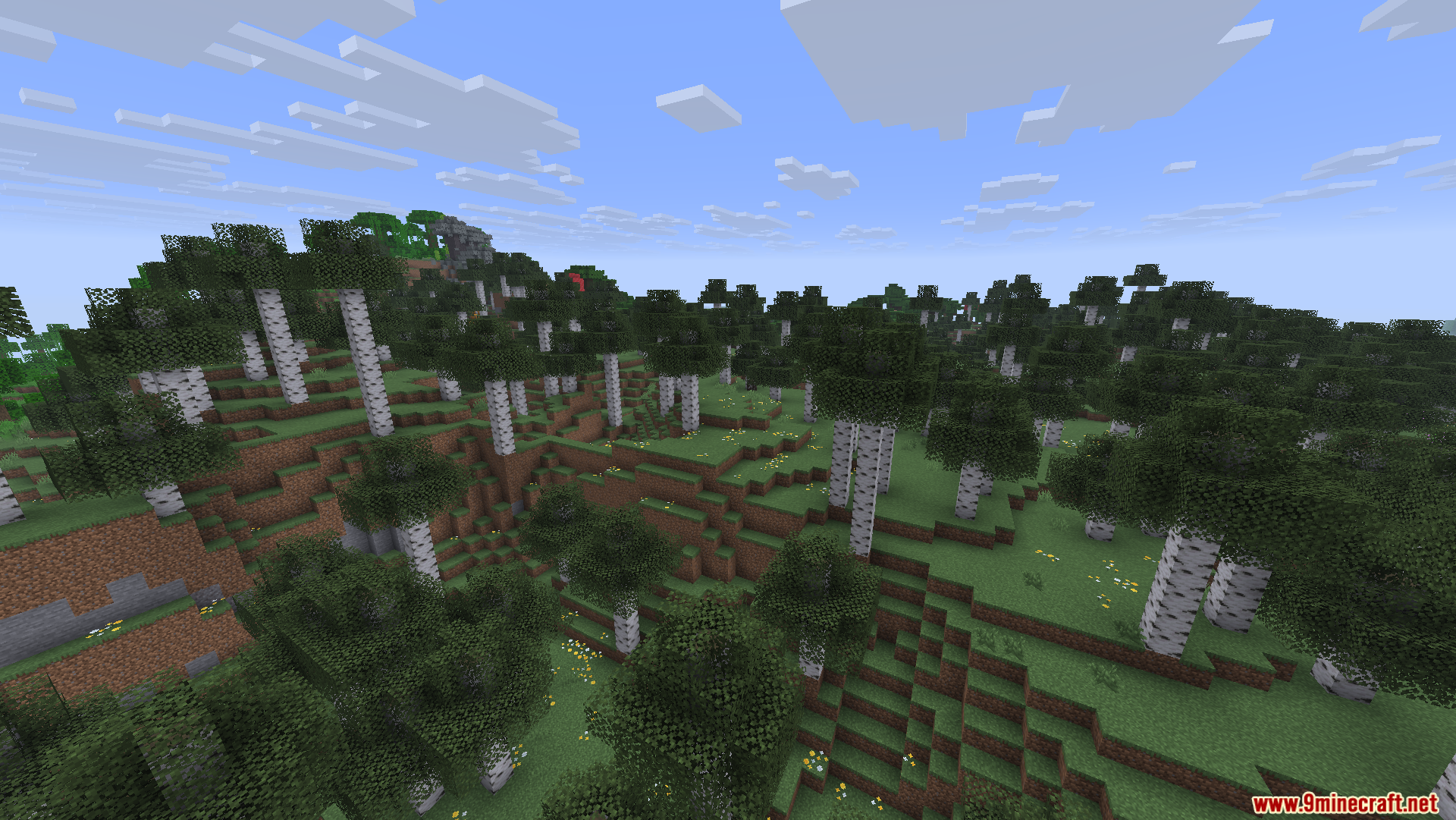 Fast Server Pings Mod Screenshot 7 Wide view of a birch forest biome covering a grassy hill landscape
