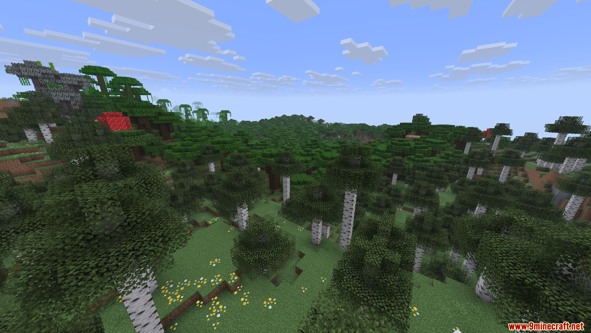 Fast Server Pings Mod Screenshot 8 Tall birch trees scattered across a green valley under a bright sky