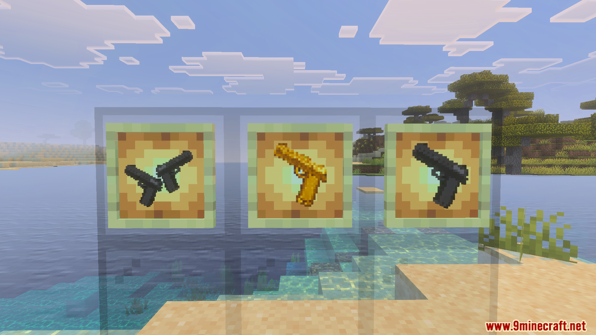 Three item frames displaying single and dual pistols from Ferous 3D Gun Addon