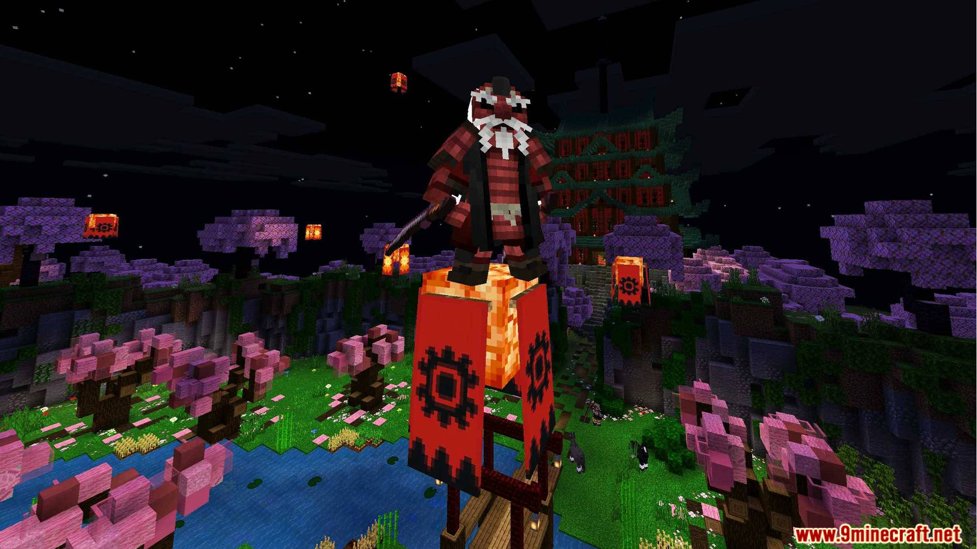 Feudal Japan King Studios SMP Texture Pack Screenshot 3 Samurai in red armor overlooking cherry blossoms and a historic Japanese castle