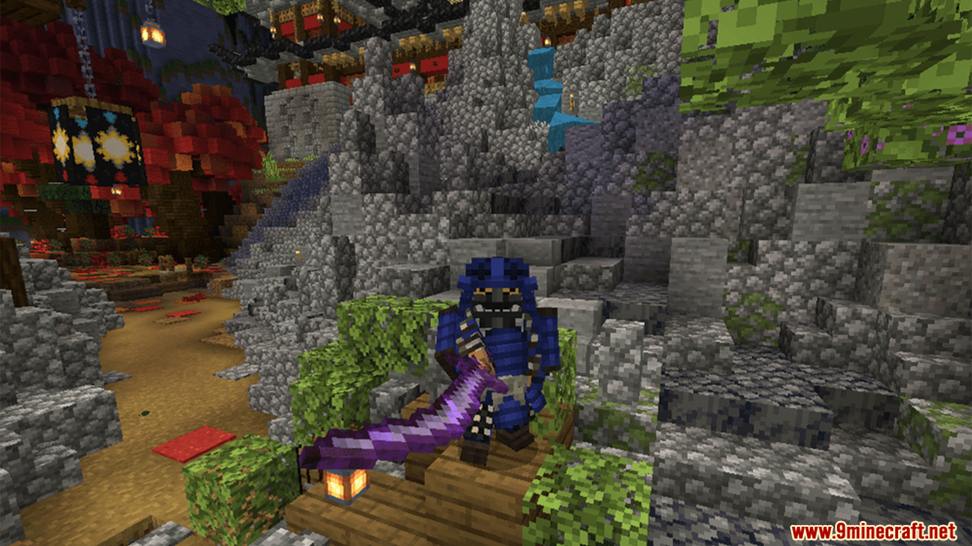 Feudal Japan King Studios SMP Texture Pack Screenshot 4 Blue samurai warrior wielding a purple katana on a steep rocky path