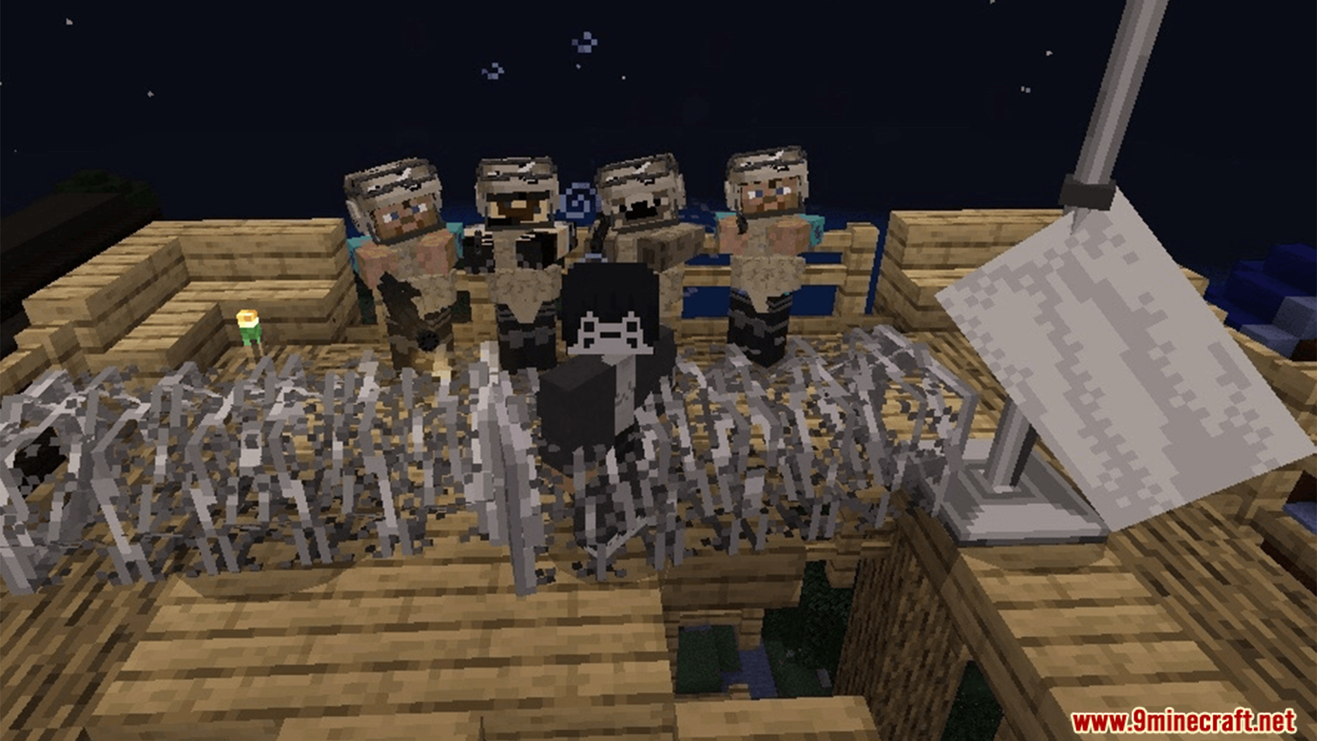 Feudal Japan King Studios SMP Texture Pack Screenshot 5 Characters in custom gear standing behind barbed wire on a wooden platform